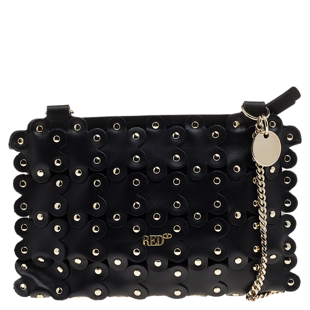 

RED Valentino Black Leather Flower Puzzle Chain Pochette