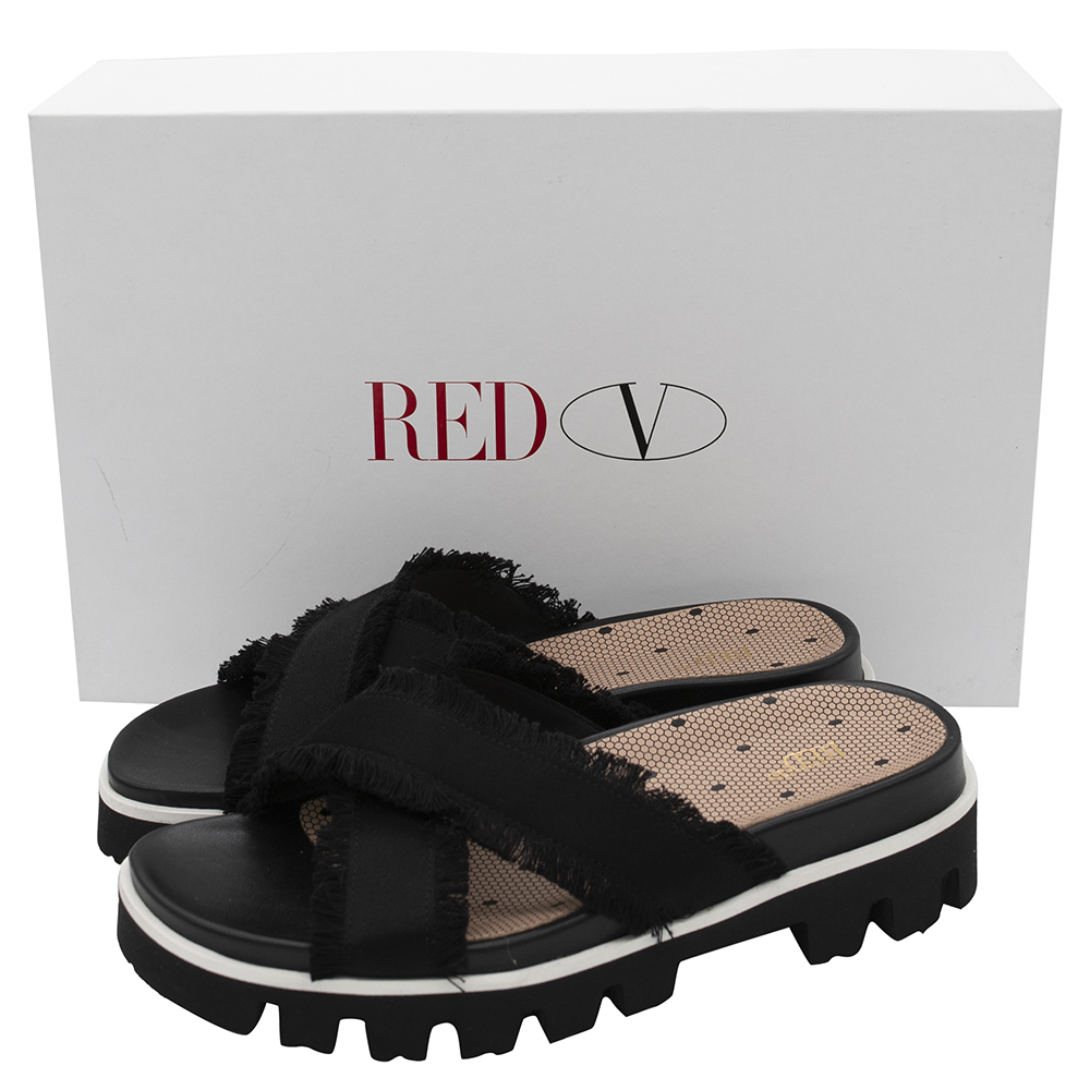 

RED Valentino Black Fabric Crisscross Slide Sandals Size