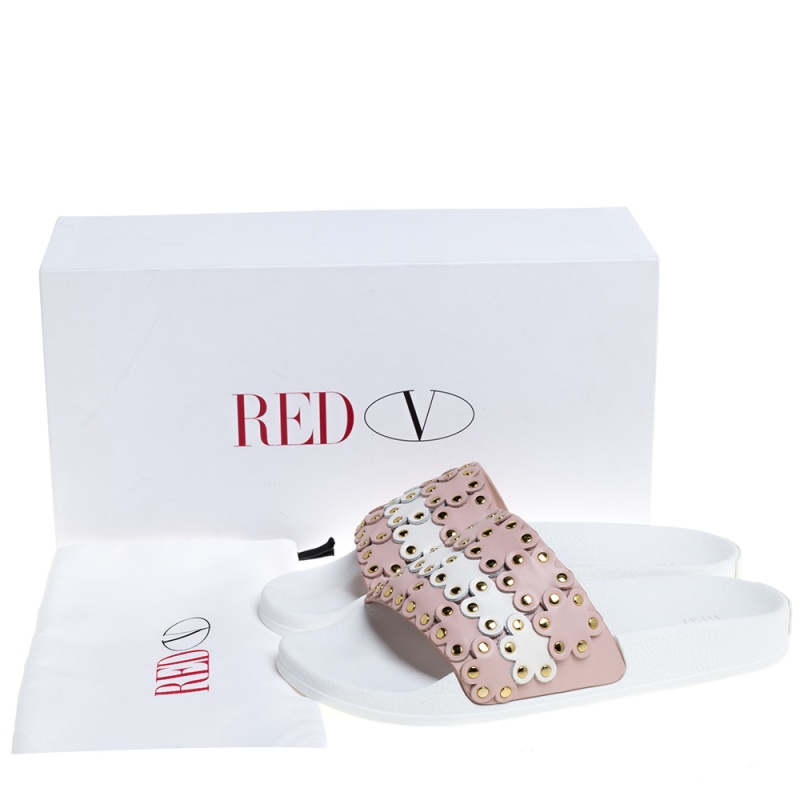 

RED Valentino Nude/White Leather Flower Puzzle Slides Size