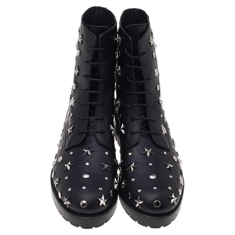 

RED Valentino Black Leather Sky Embellished Combat Boots