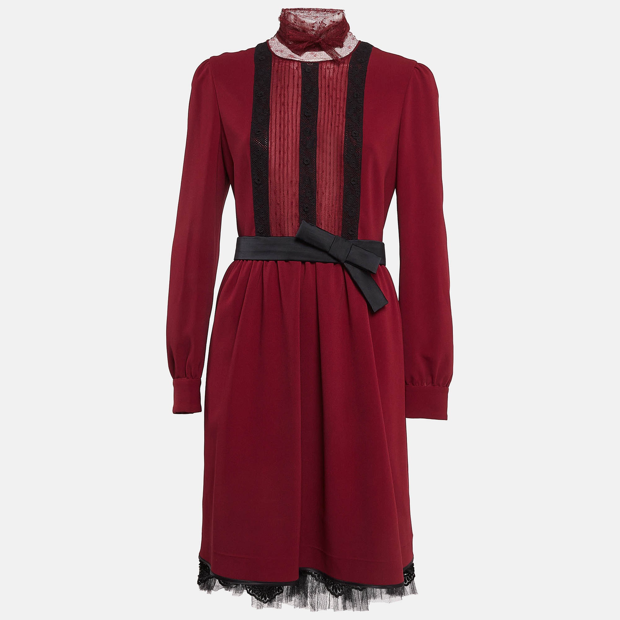 

RED Valentino Burgundy Tulle Trim Crepe Flared Midi Dress M