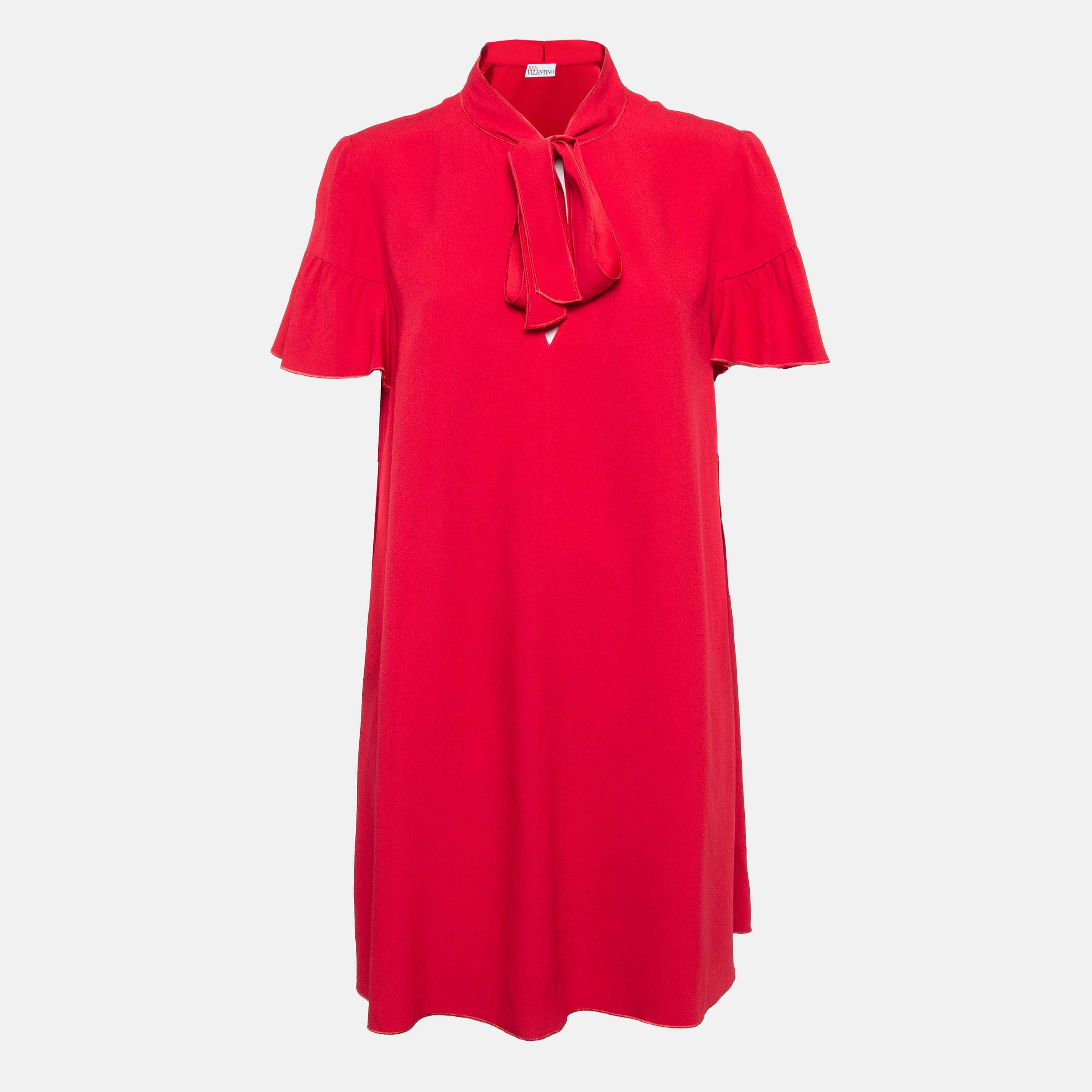 

RED Valentino Red Crepe Tie-Up Neck Ruffled Mini Dress M