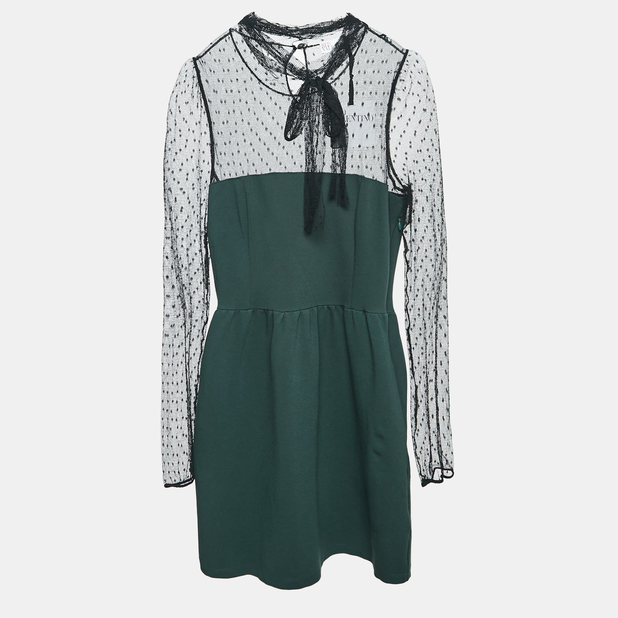 

RED Valentino Green/Black Jersey and Lace High Neck Mini Dress L