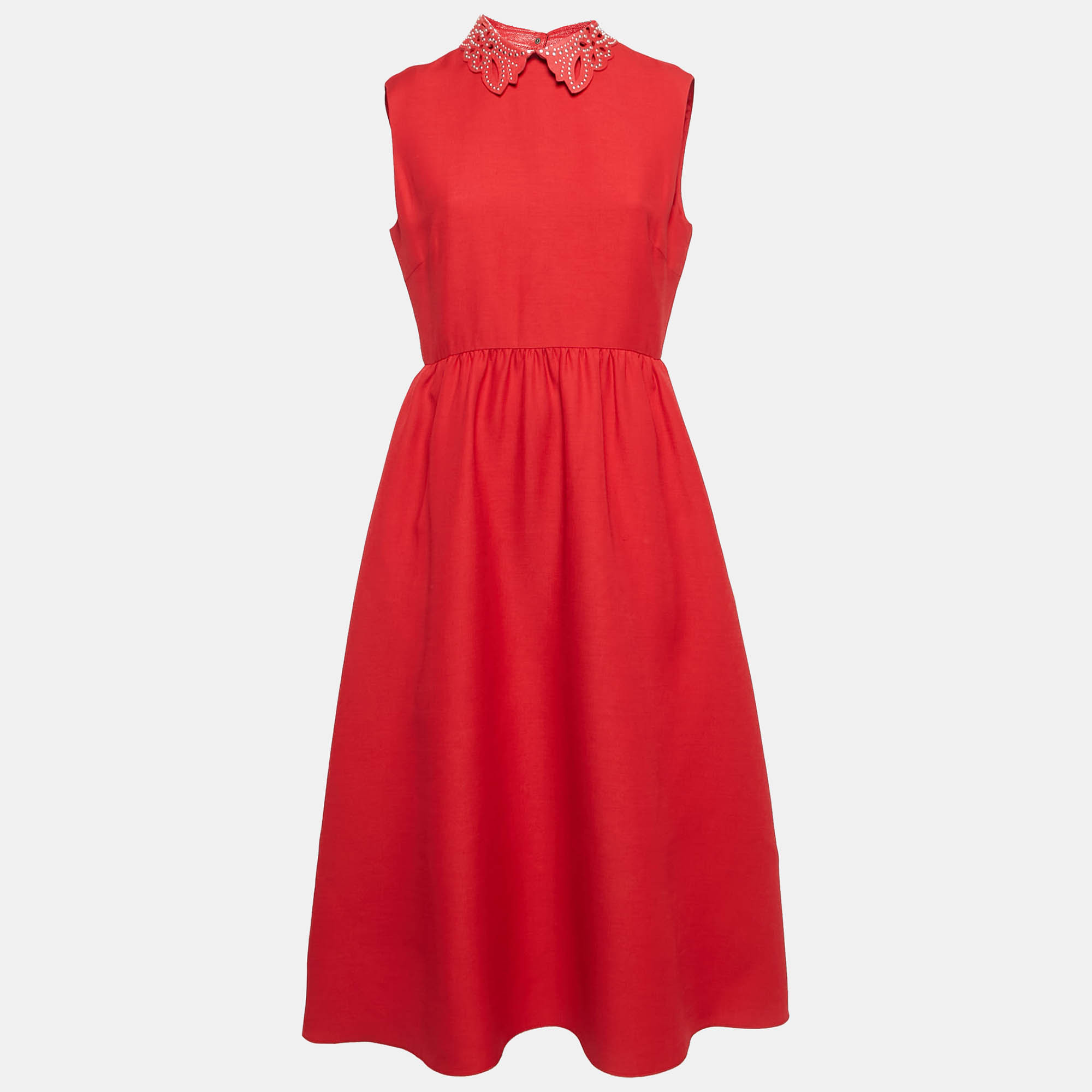 

RED Valentino Red Studded Leather Collar and Wool Sleeveless Midi Dress M