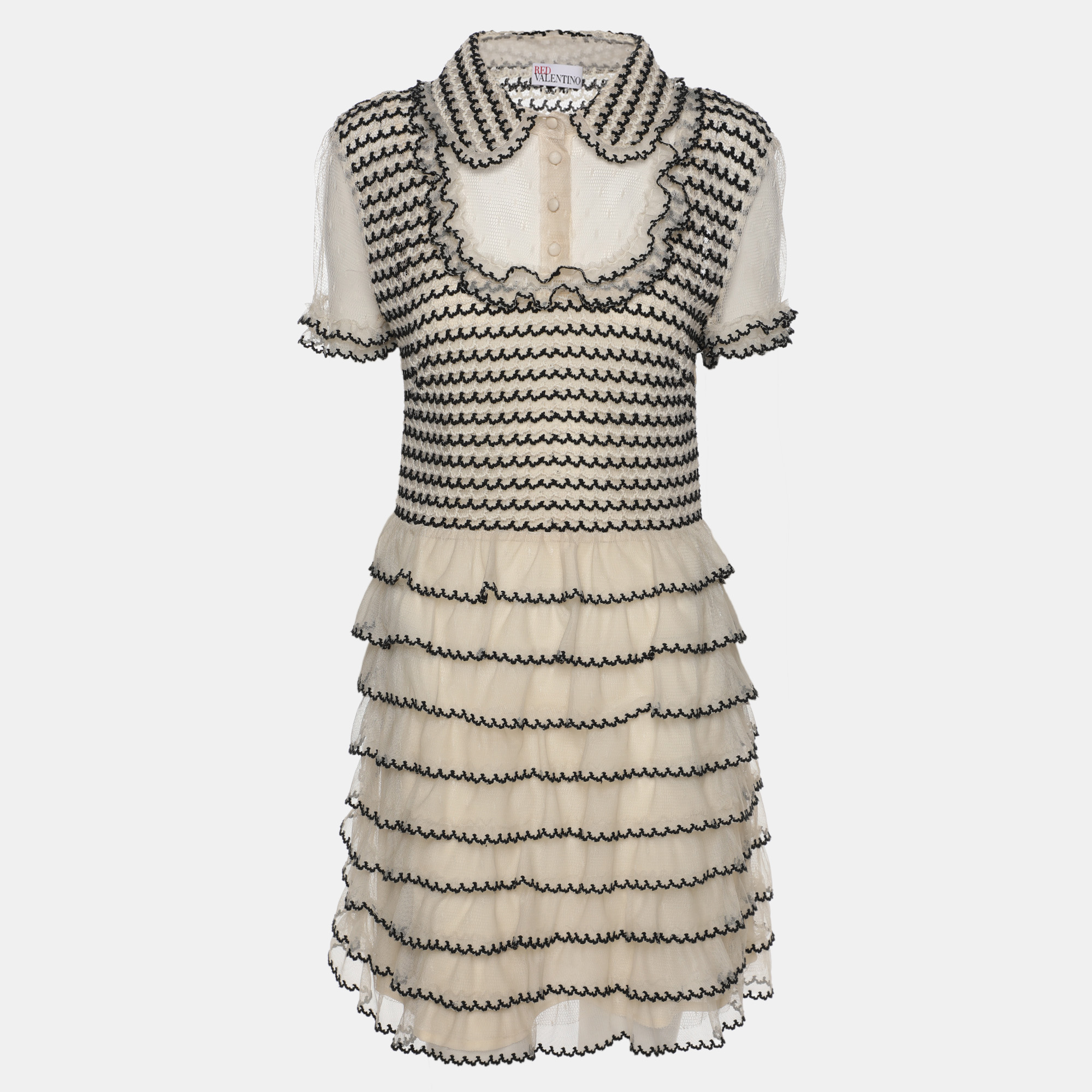 

RED Valentino Cream/Black Lace Knit Mini Dress M, Beige