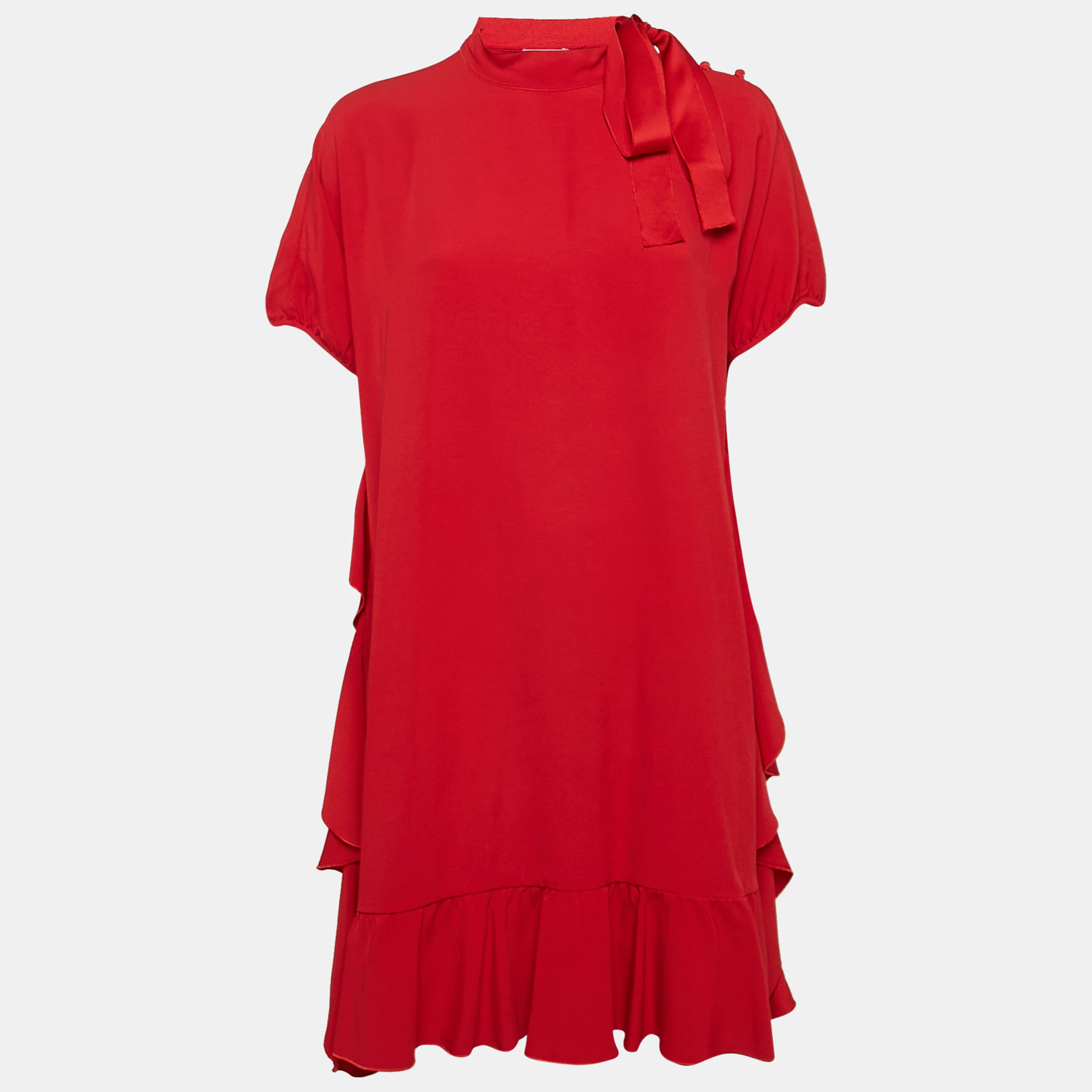 

RED Valentino Red Crepe Ruffled Tie-Up Neck Detail Mini Dress M