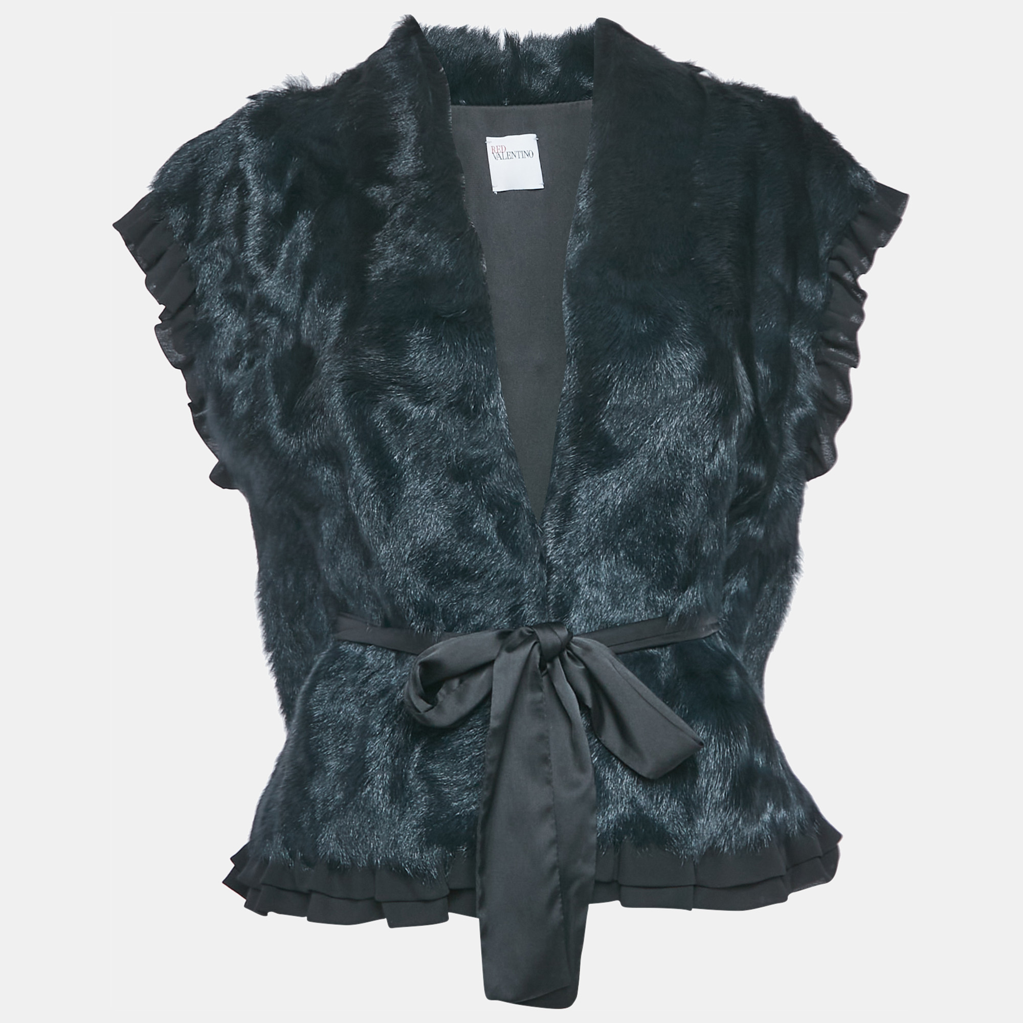 

RED Valentino Navy Blue Real Fur Ruffle Detail Belted Vest M