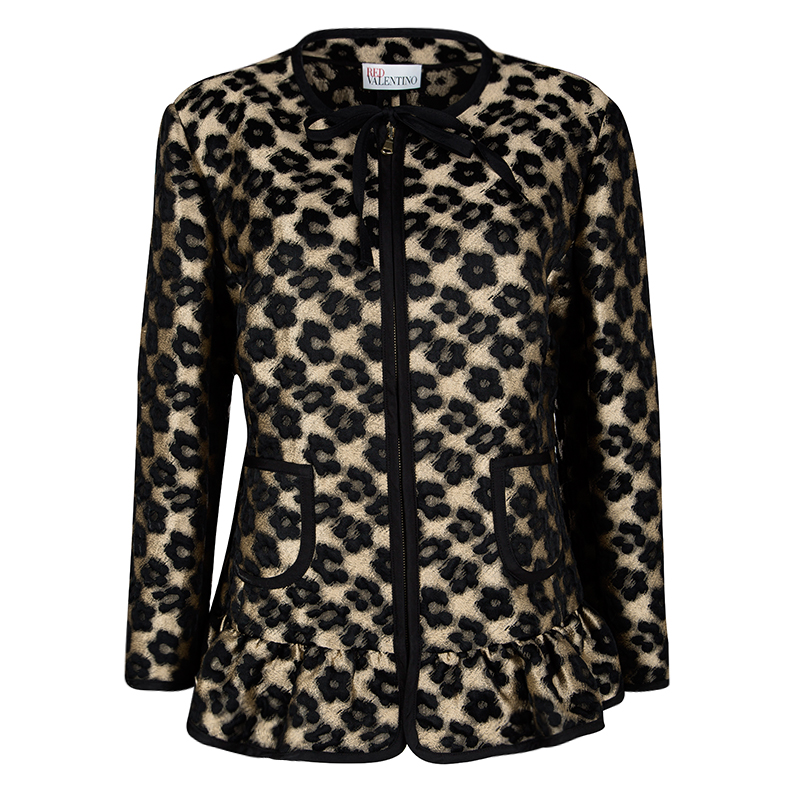 Pre Owned Red Valentino Black Peplum Waist Detail Jacquard Taffeta Jacket XL