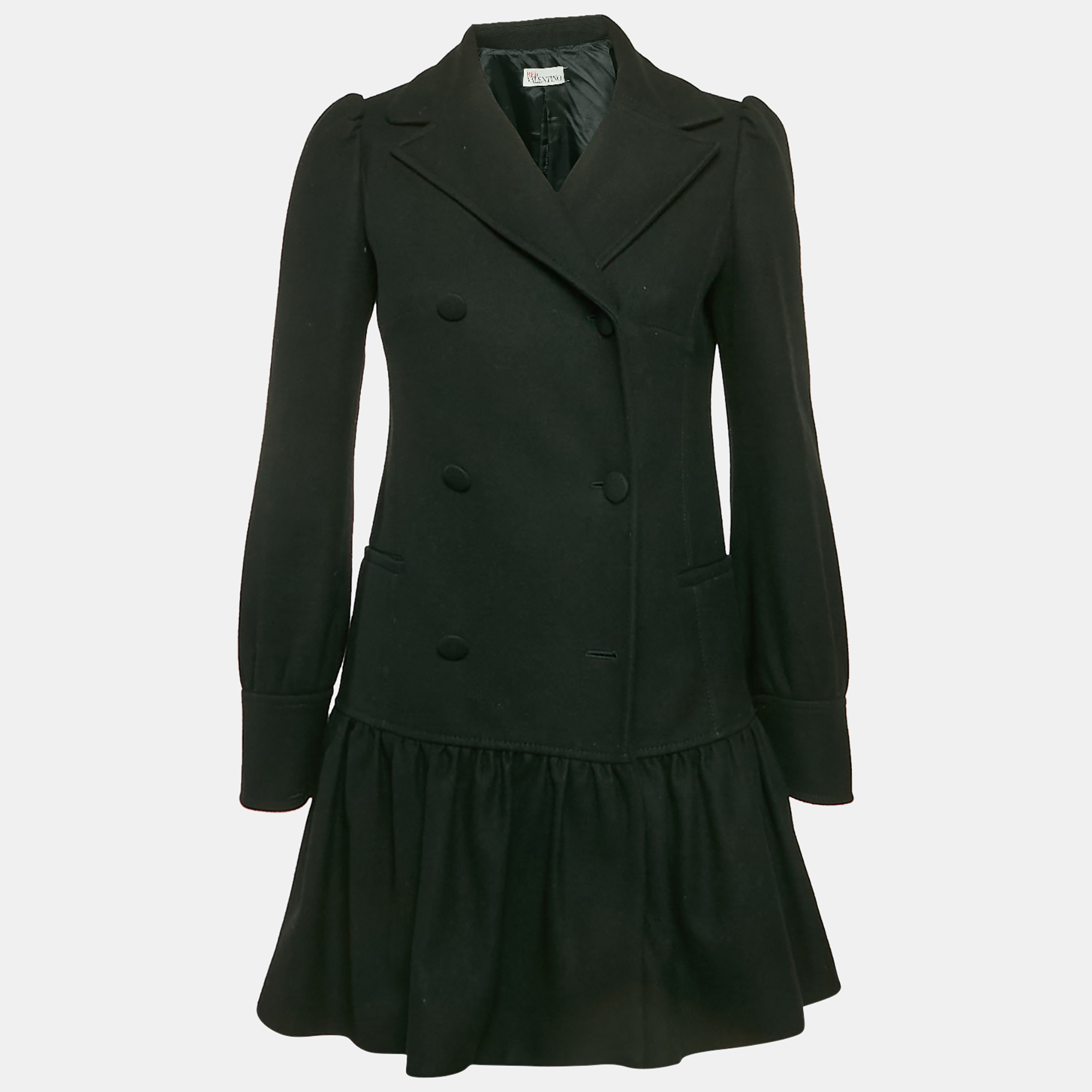 

RED Valentino Black Wool Double Breasted Flounce Coat S