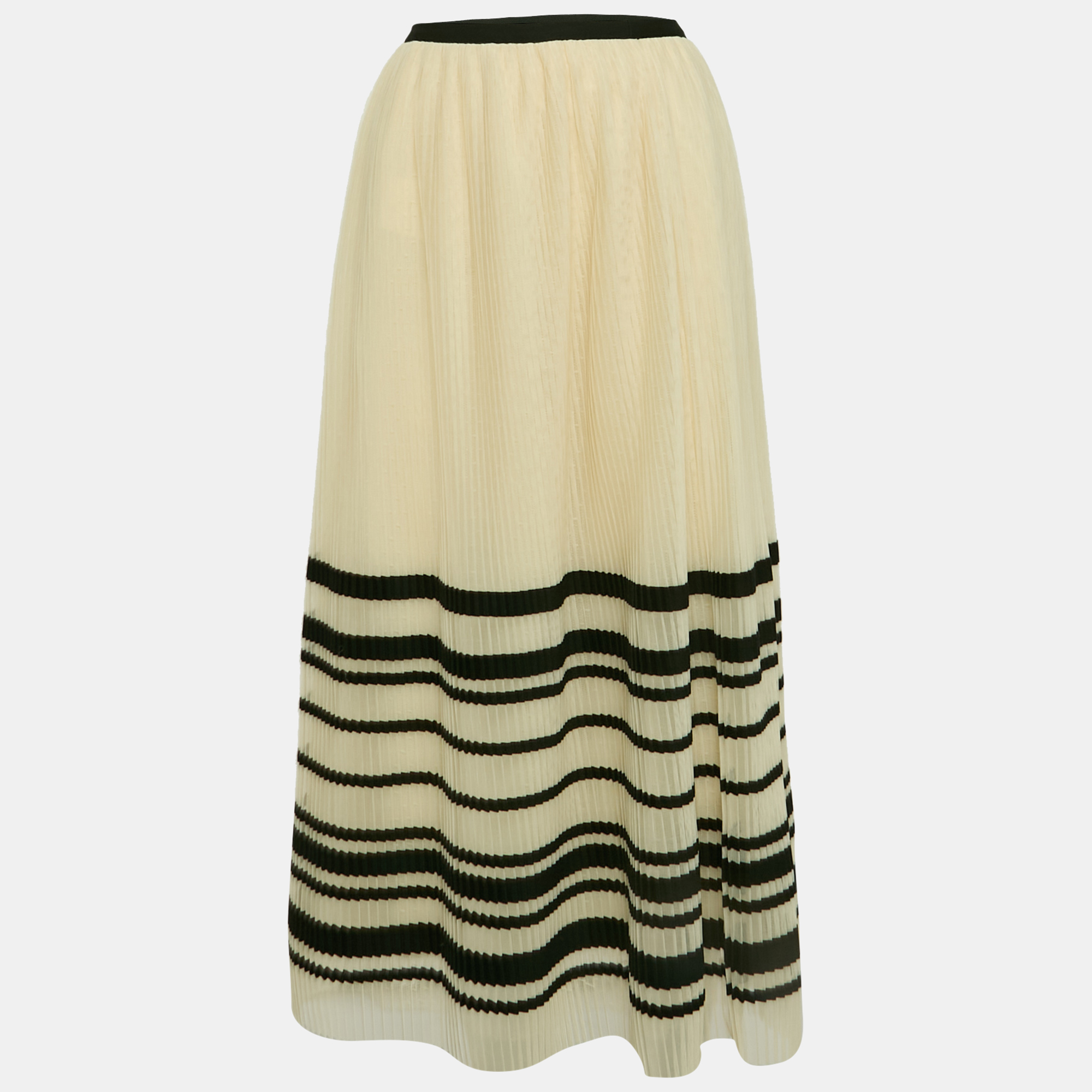 

RED Valentino Cream Striped Tulle Plisse Midi Dress M