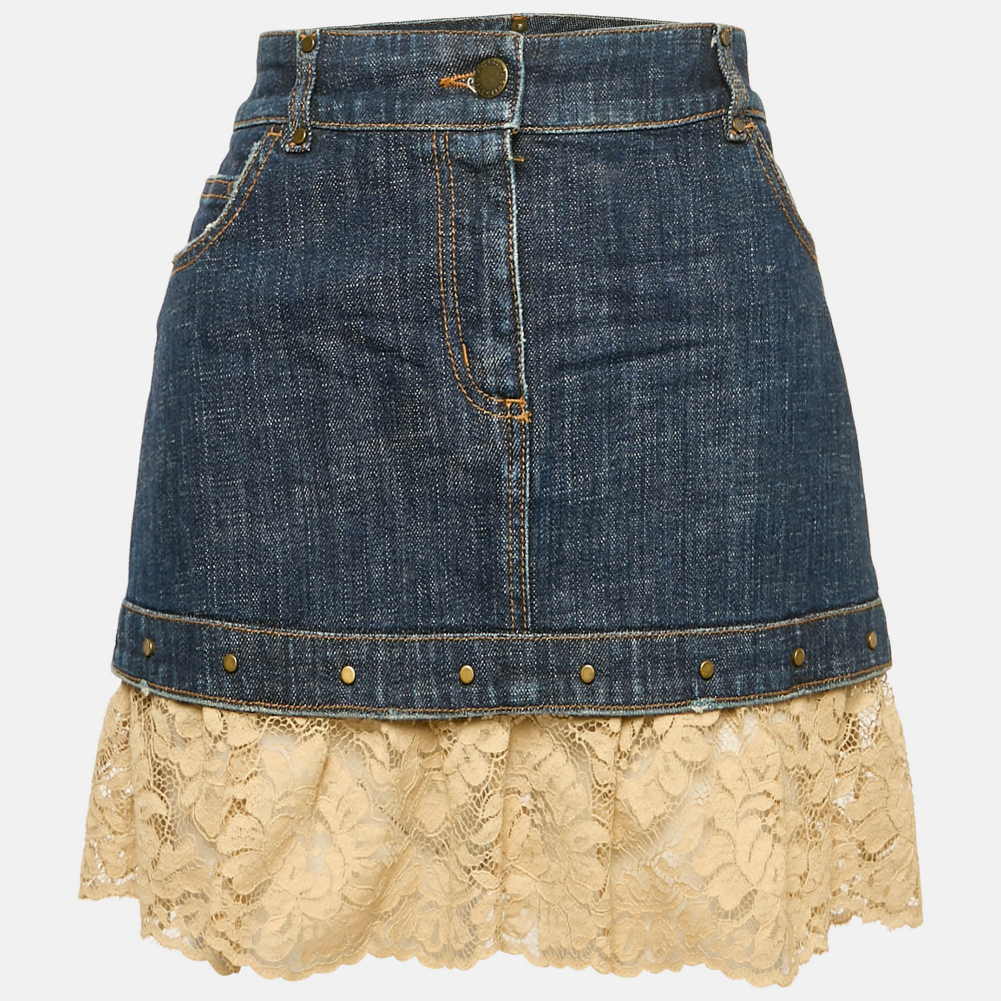

RED Valentino Blue Denim Lace Ruffled Mini Skirt M Waist 31"