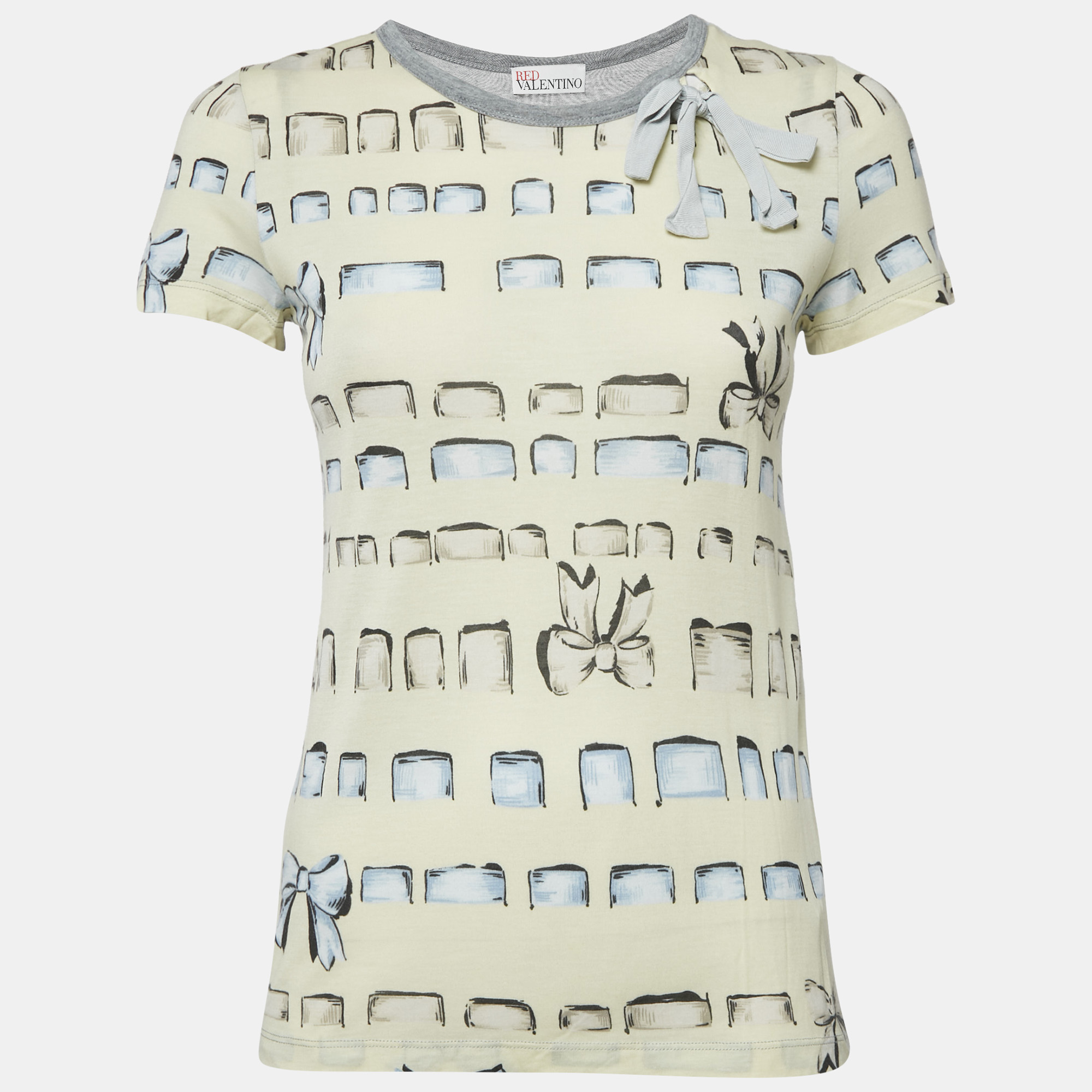

RED Valentino Yellow/Grey Printed Modal Bow Detail Top S