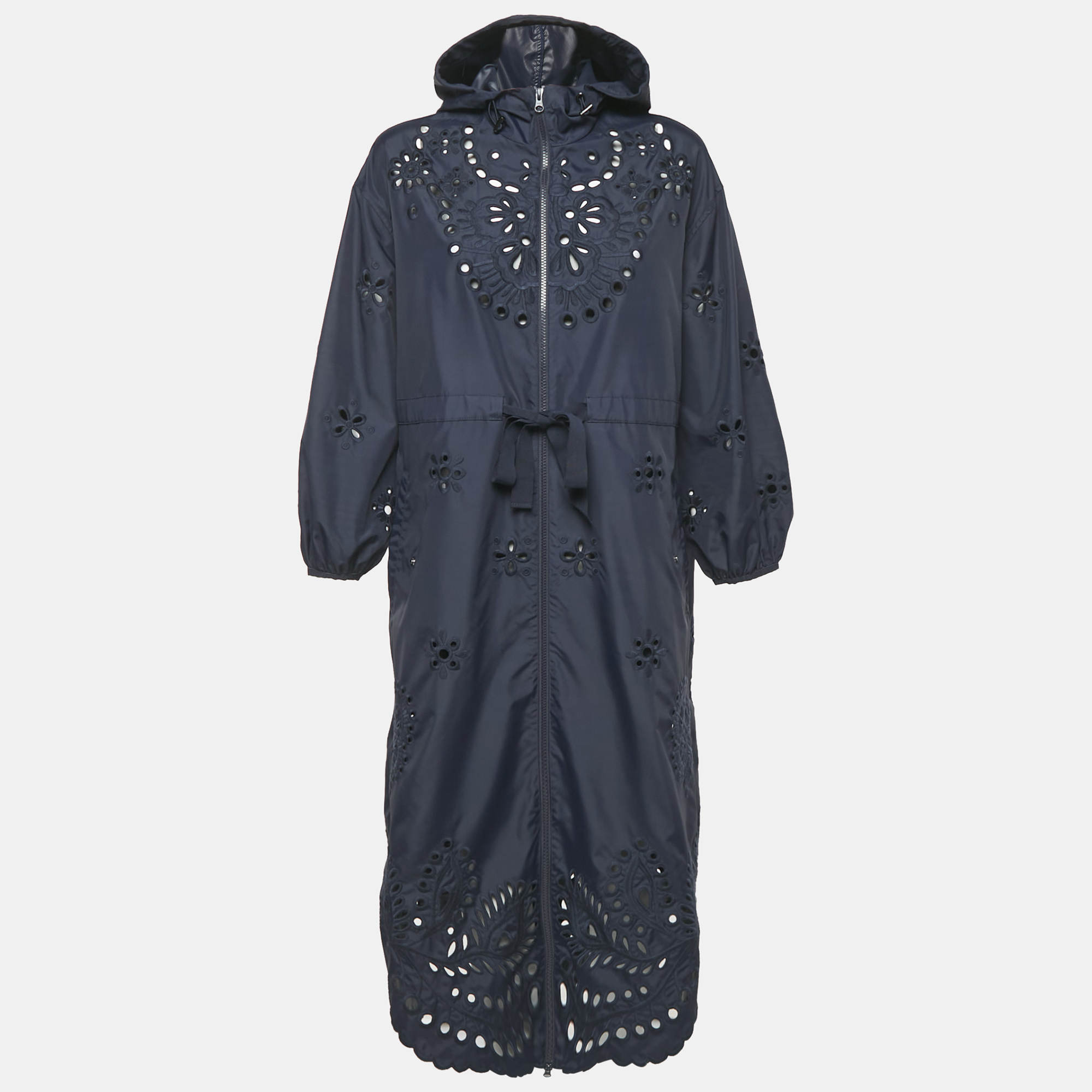 Pre-owned Red Valentino Navy Blue Broderie Anglaise Nylon Hooded Parka S