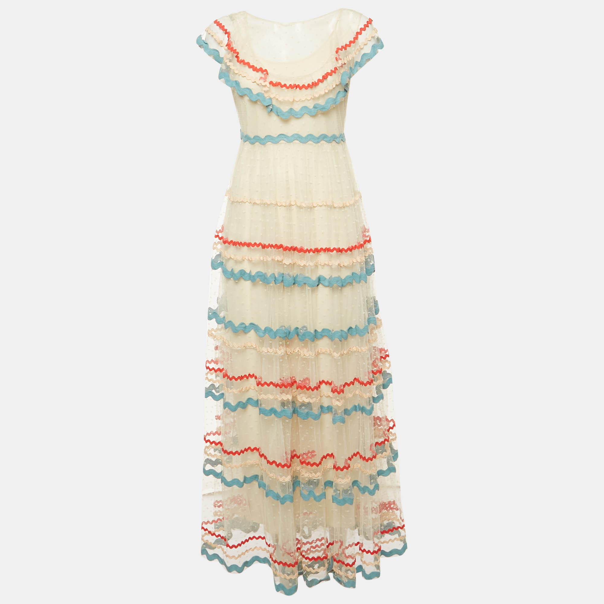 

RED Valentino Cream Tulle Lace Detail Ruffled Maxi Dress M