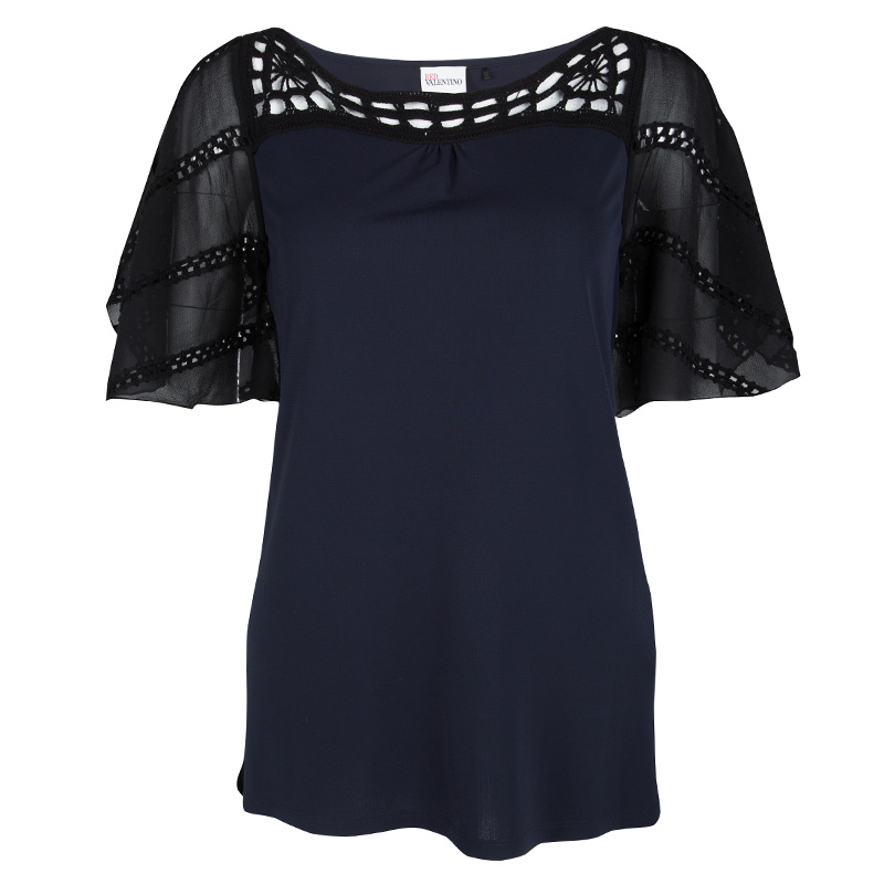 Pre Owned Red Valentino Navy Blue Contrast Cutout Sleeve Detail Top M