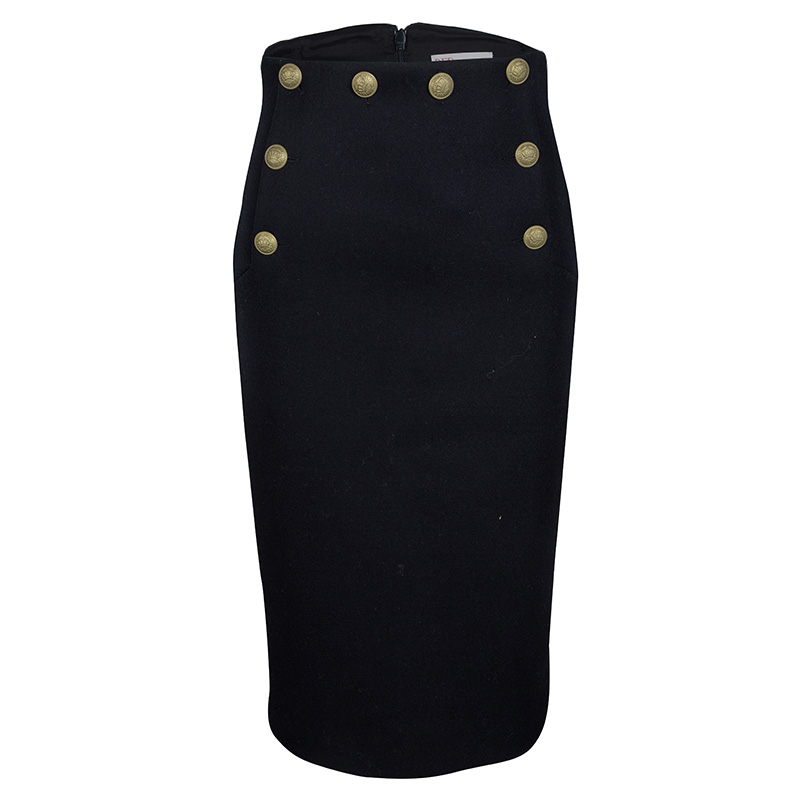 RED Valentino Navy Blue Wool Button Detail high Waist Midi Skirt S