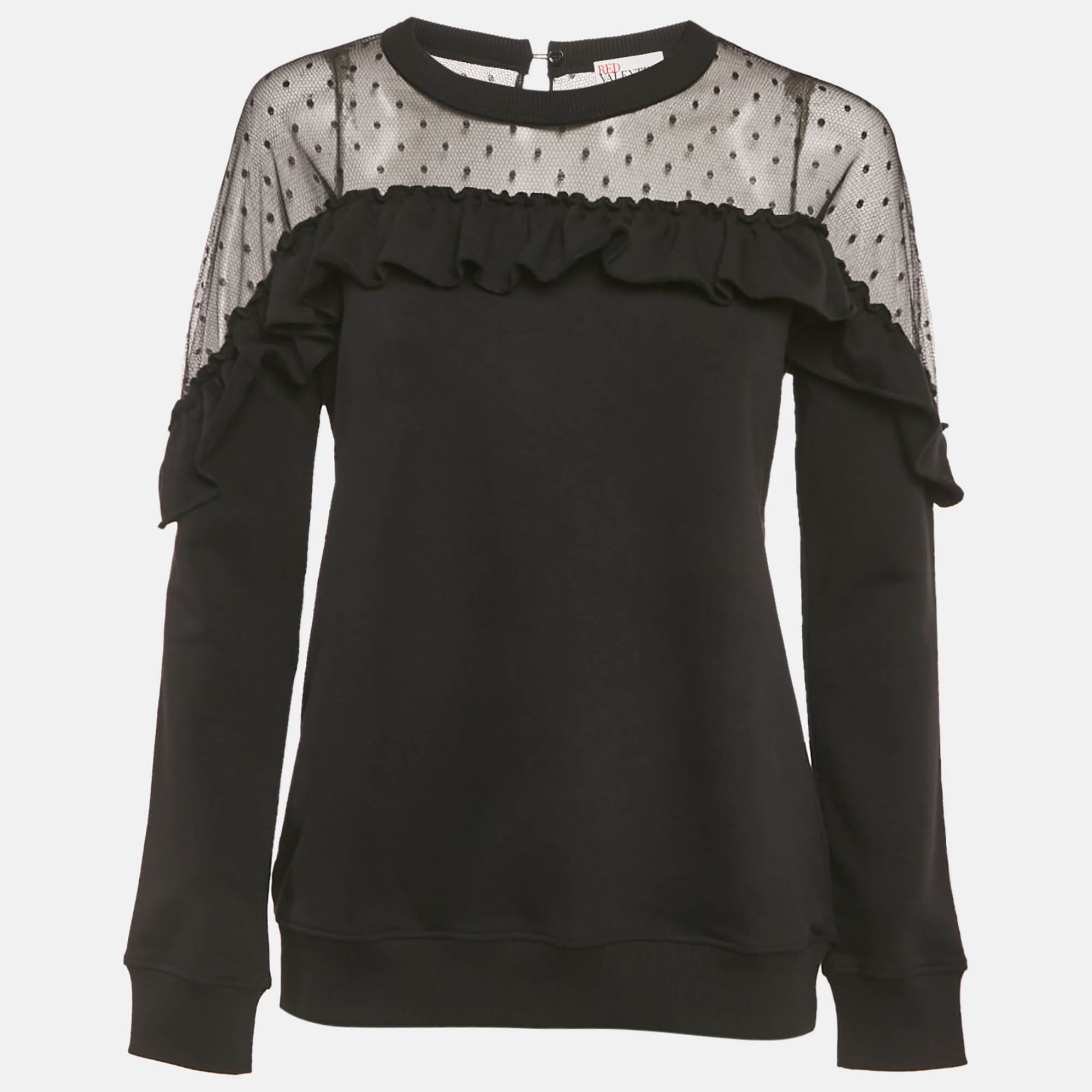 Pre-owned Red Valentino Black Cotton Knit Point D'esprit Tulle Detail Sweatshirt S
