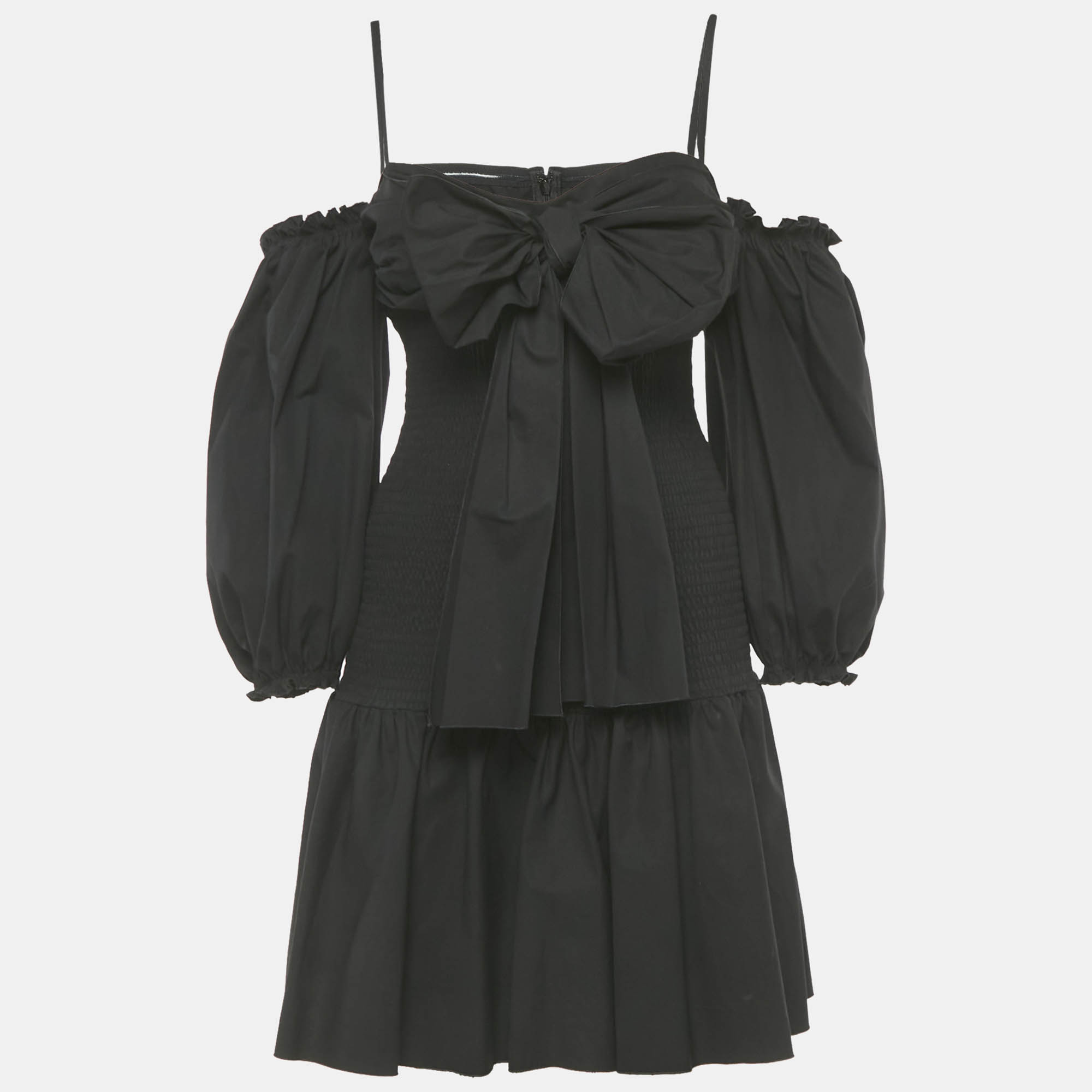 

RED Valentino Black Cotton Bow Detail Smocked Mini Dress M