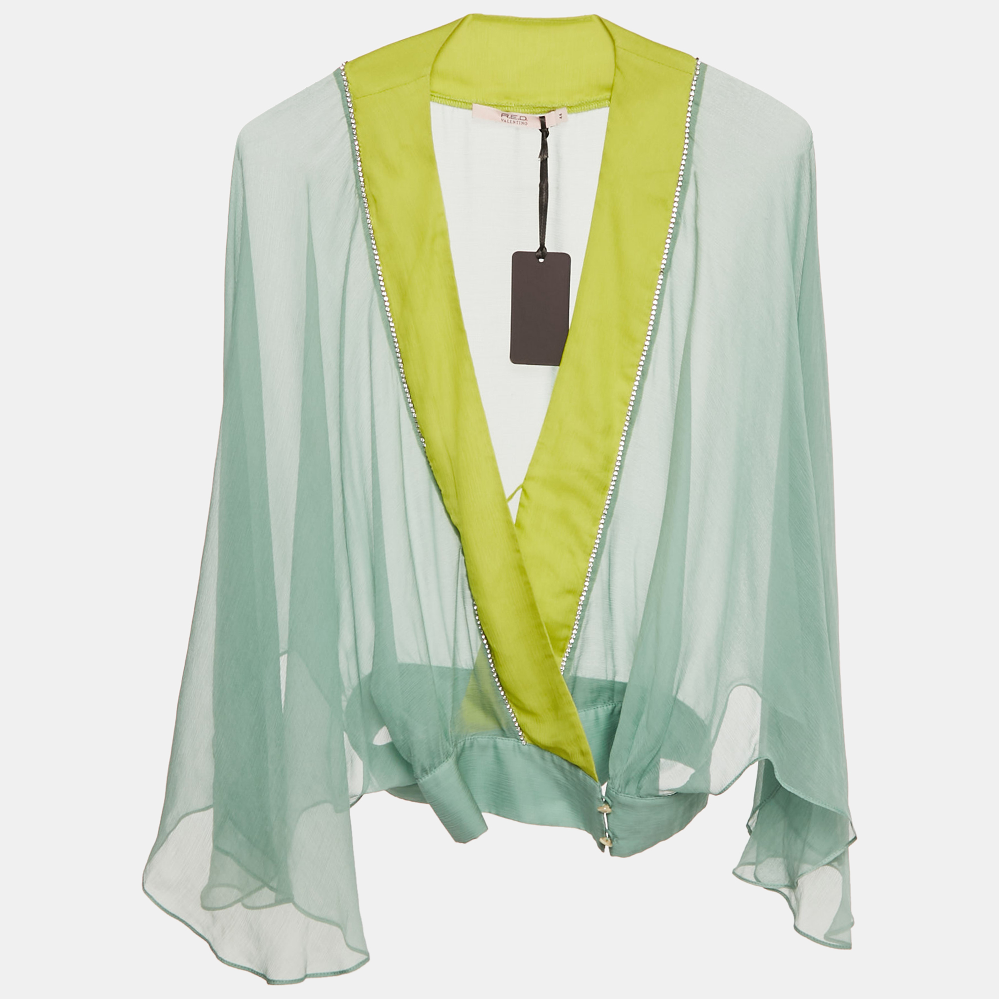 Pre-owned Red Valentino Green Sheer Embellished Trim Silk Wrap Around Top S