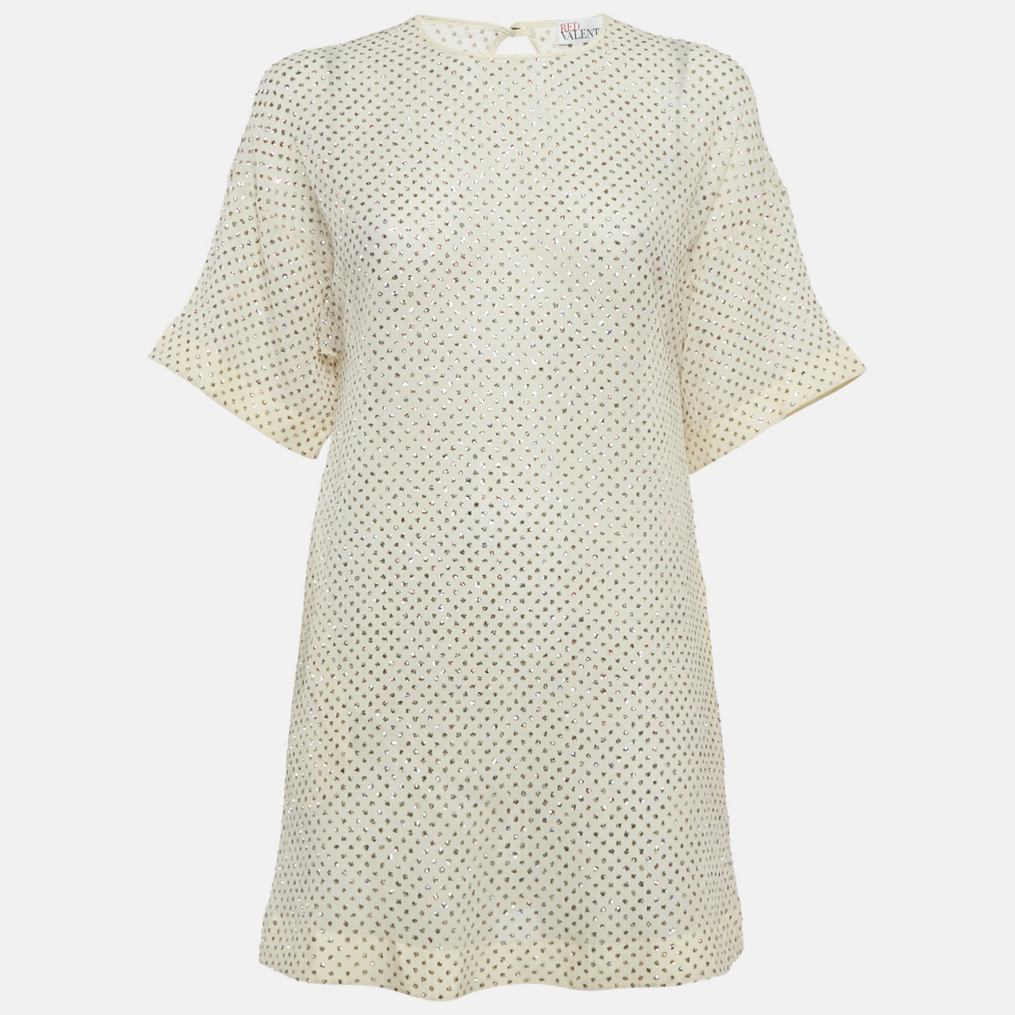 RED Valentino Beige Sheer Glittered Polka-Dot Silk Mini Dress S
