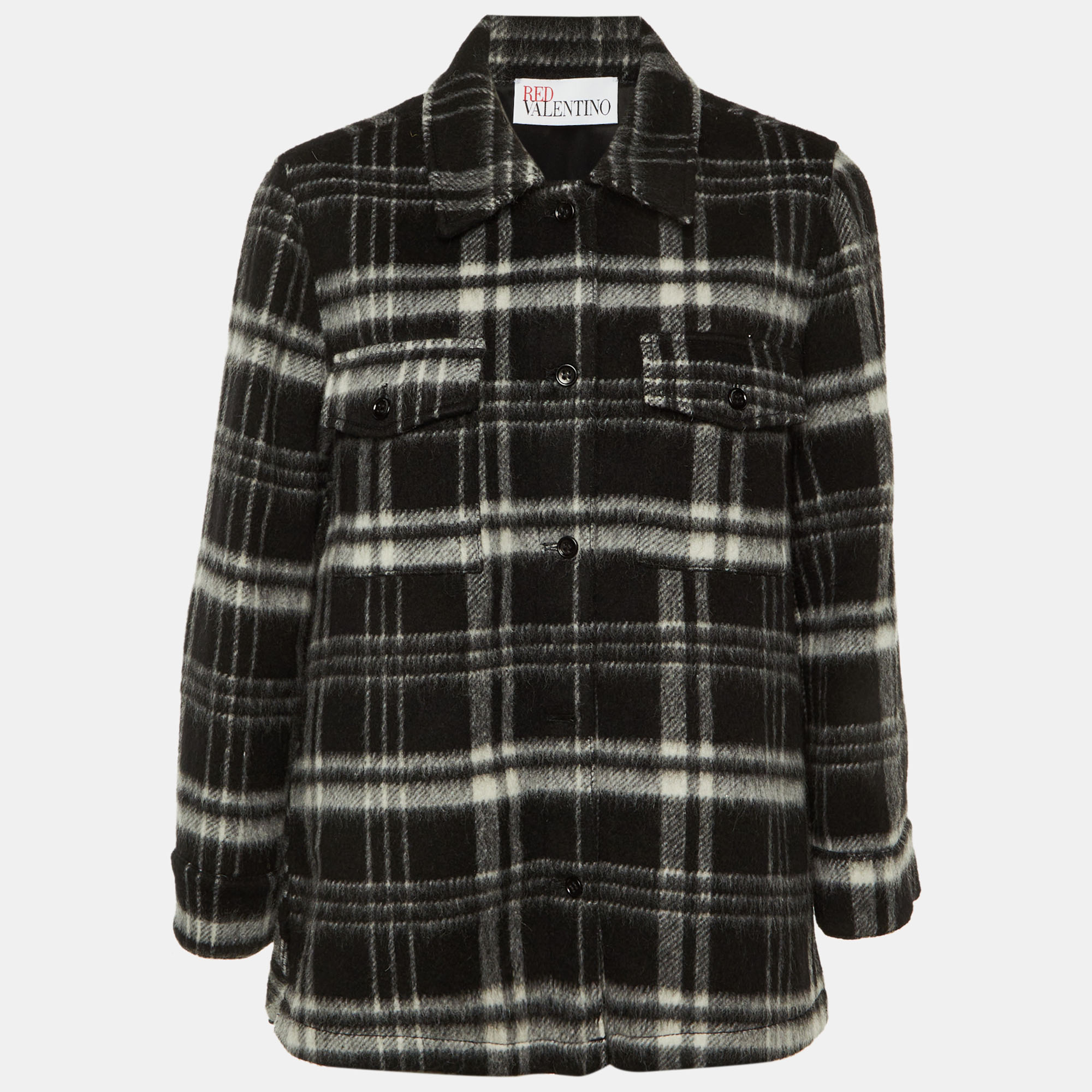 Pre-owned Red Valentino Black Plaid Checked Wool Button Front Jacket S