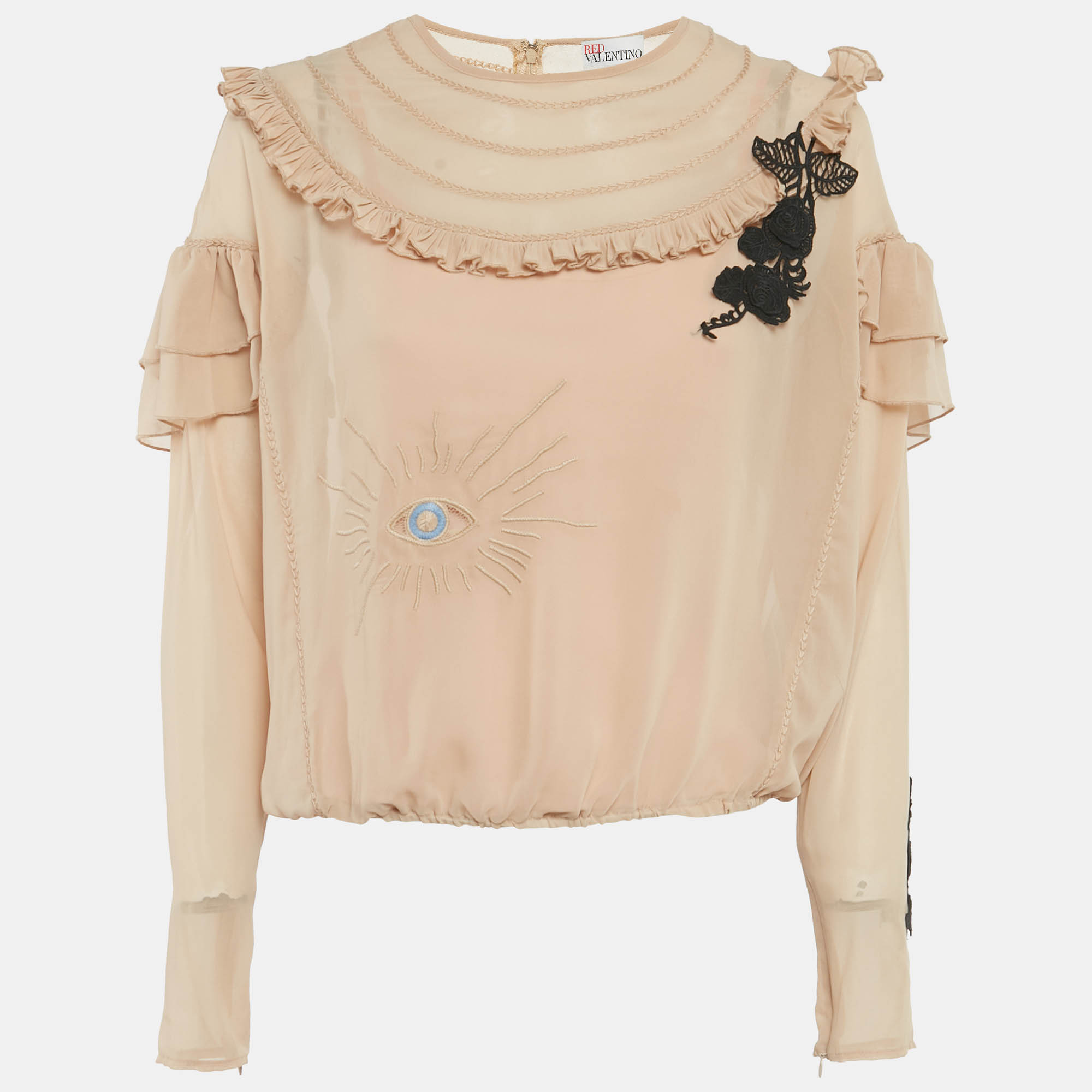 

RED Valentino Beige Embroidered Crepe Frill Detail Sheer Top M