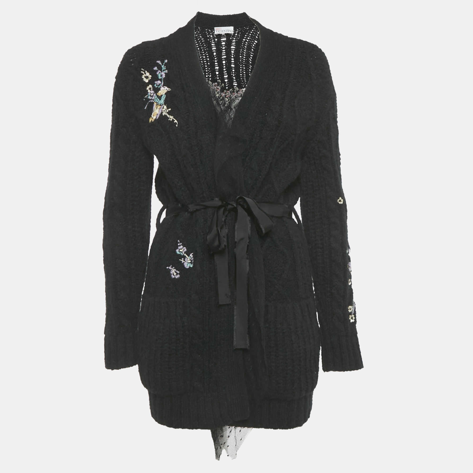 

RED Valentino Black Floral Embroidered Knit Cardigan XS