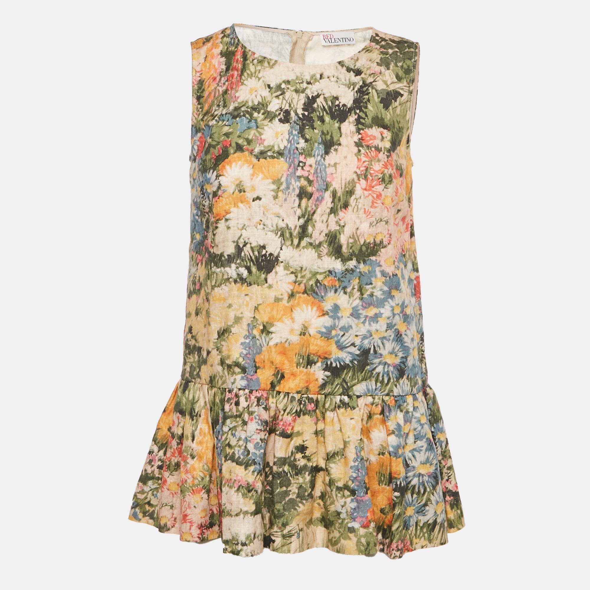 

RED Valentino Green Floral Print Ramie Mini Dress S