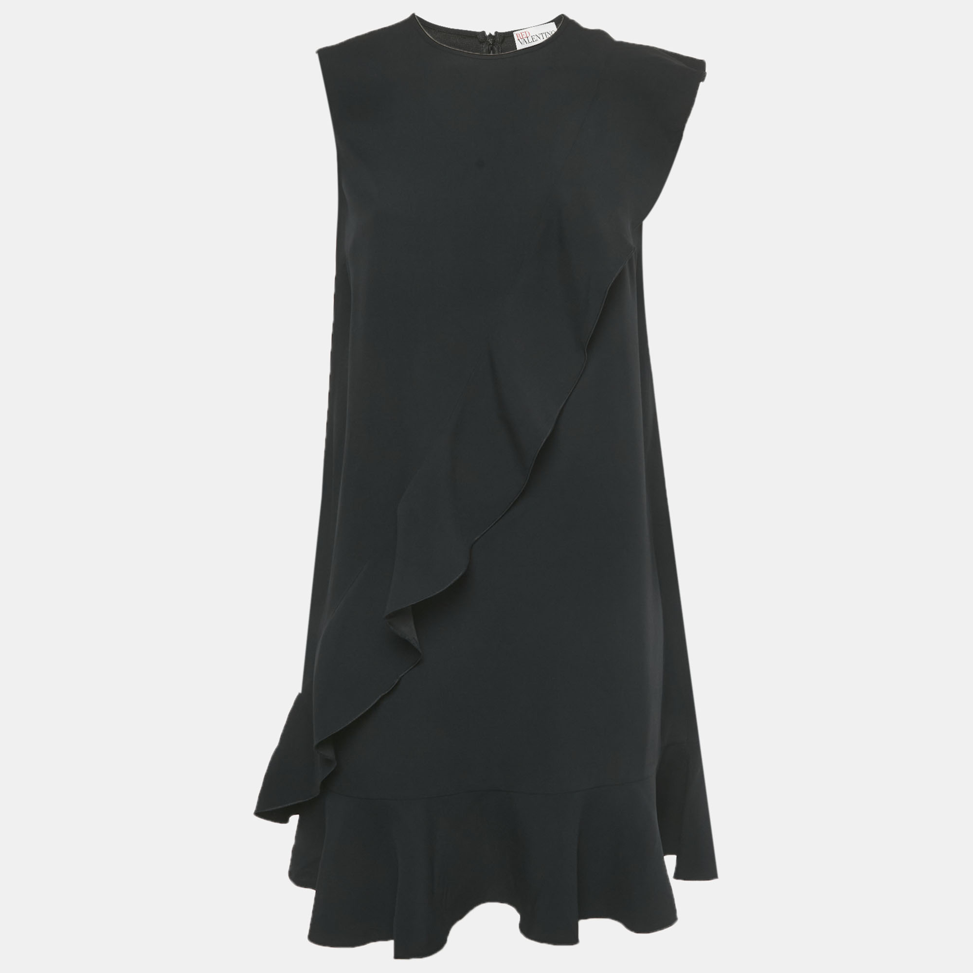 

RED Valentino Black Crepe Frill Flounced Hem Mini Dress S