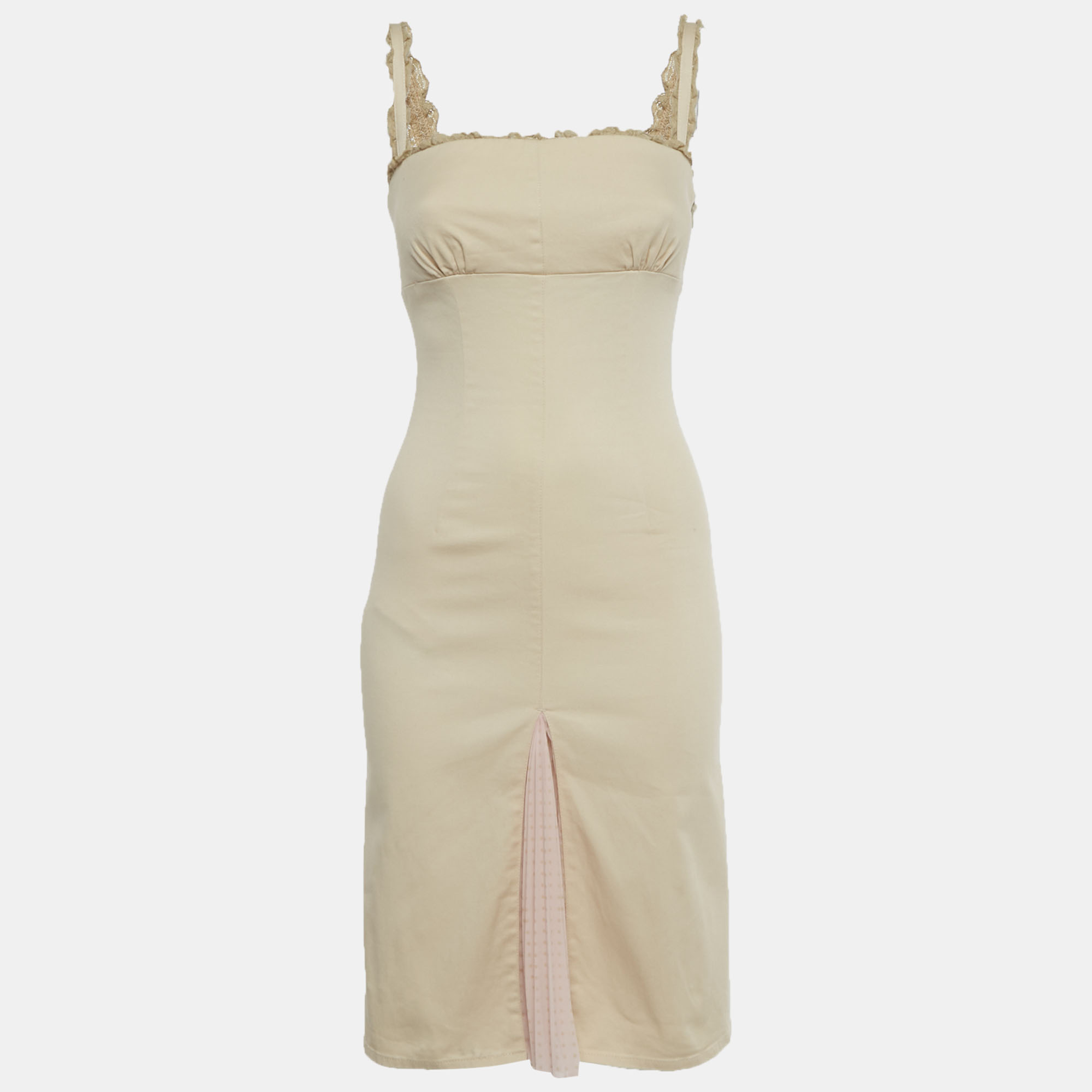 

RED Valentino Beige Cotton Plisses Detail Sleeveless Midi Dress S