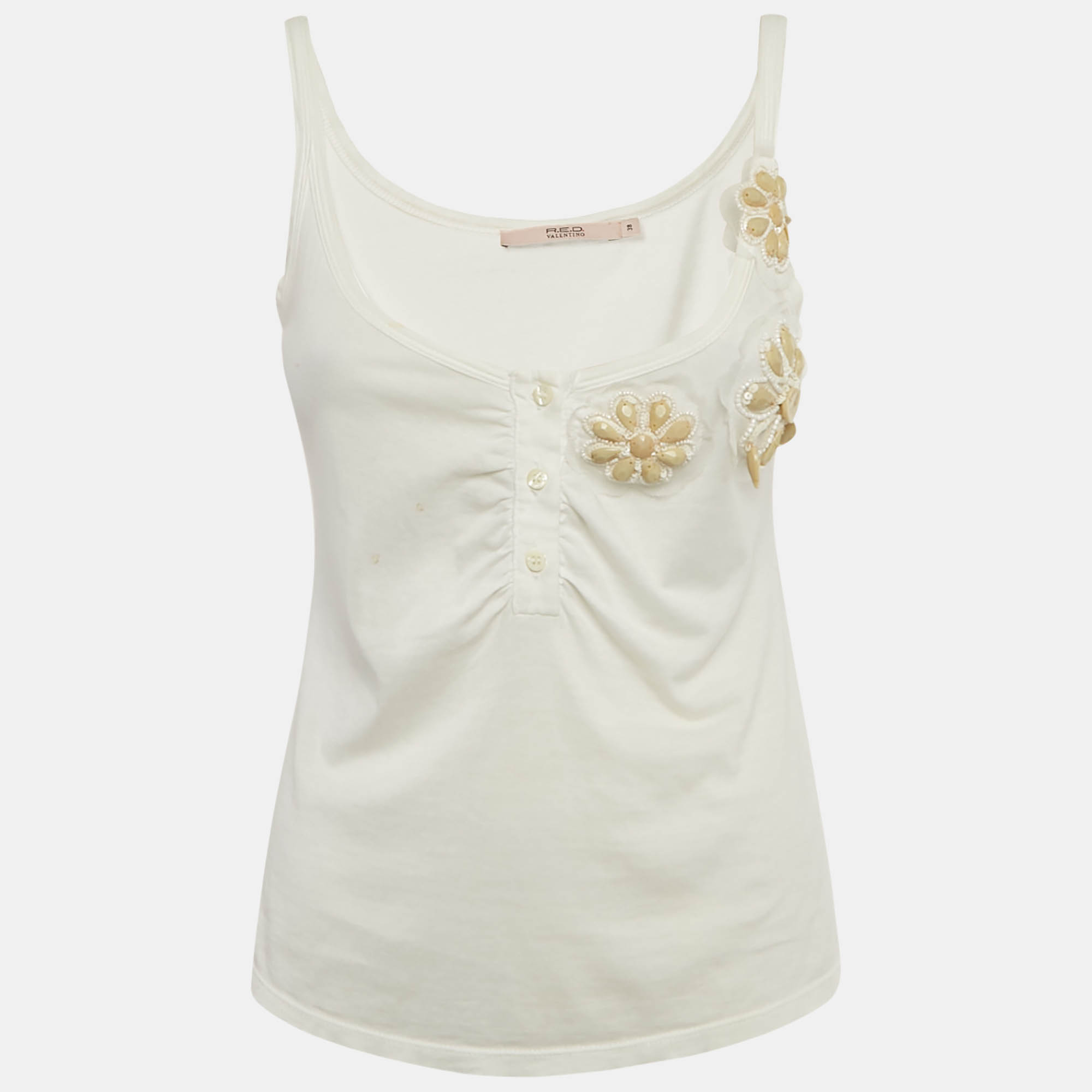 Pre-owned Red Valentino White Cotton Knit Embellished Detail Tank Top S