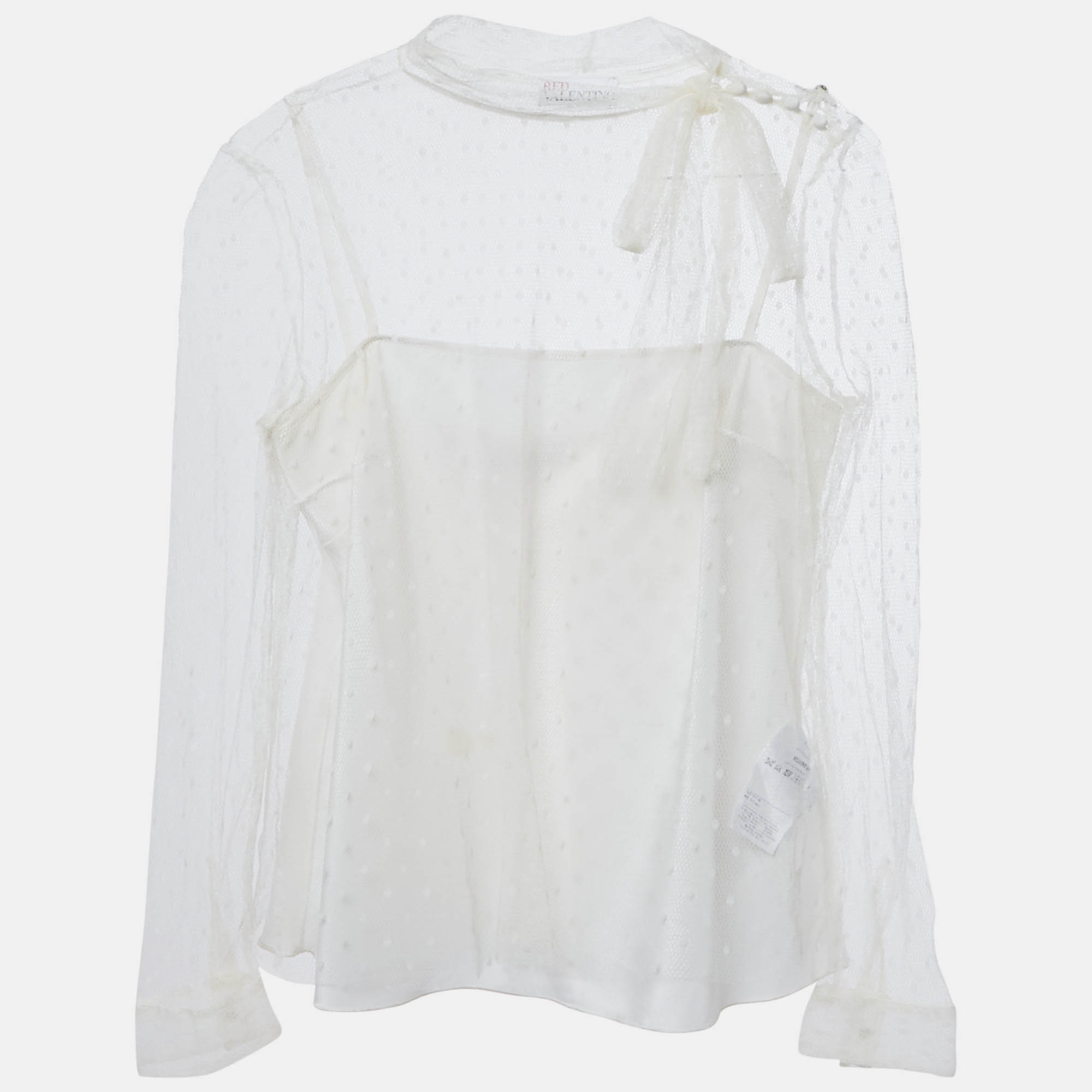 Pre-owned Red Valentino White Mesh Neck Tie Detail Top S