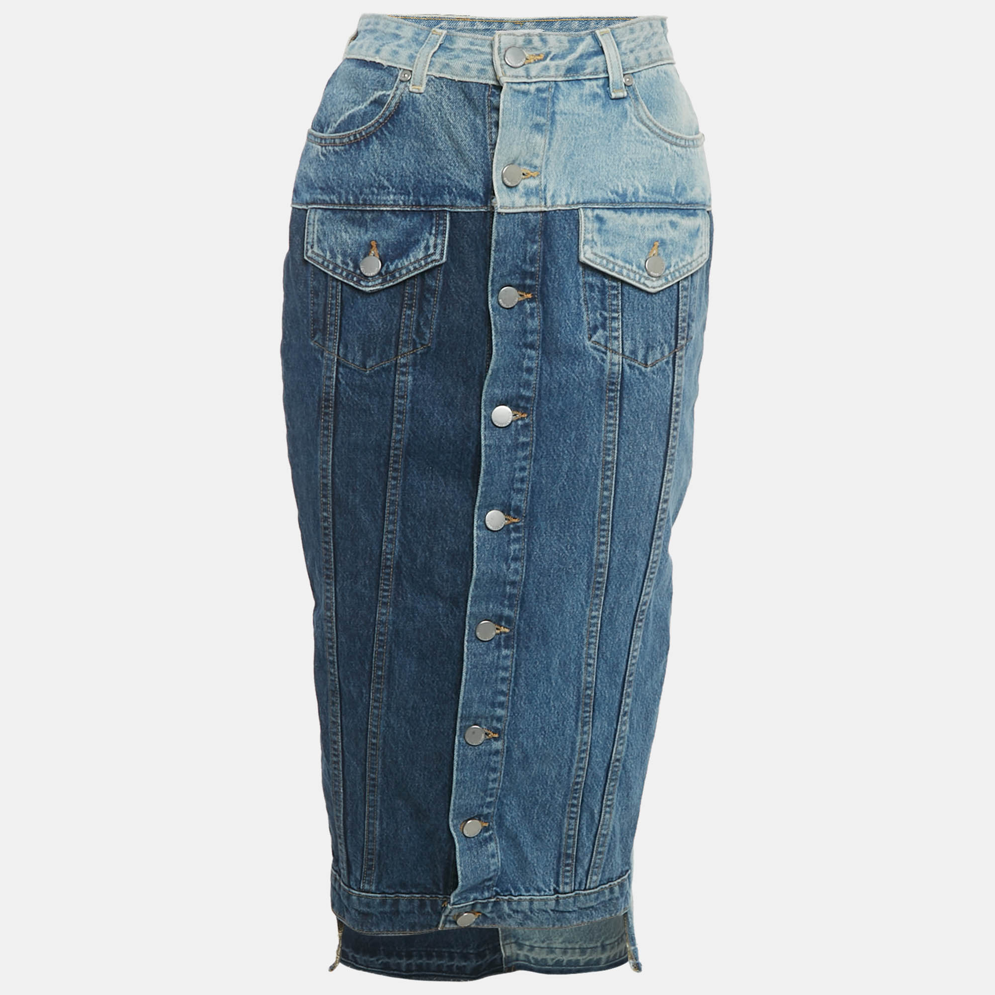 Pre-owned Red Valentino Blue Frayed Patchwork Denim Midi Skirt S/waist 24"