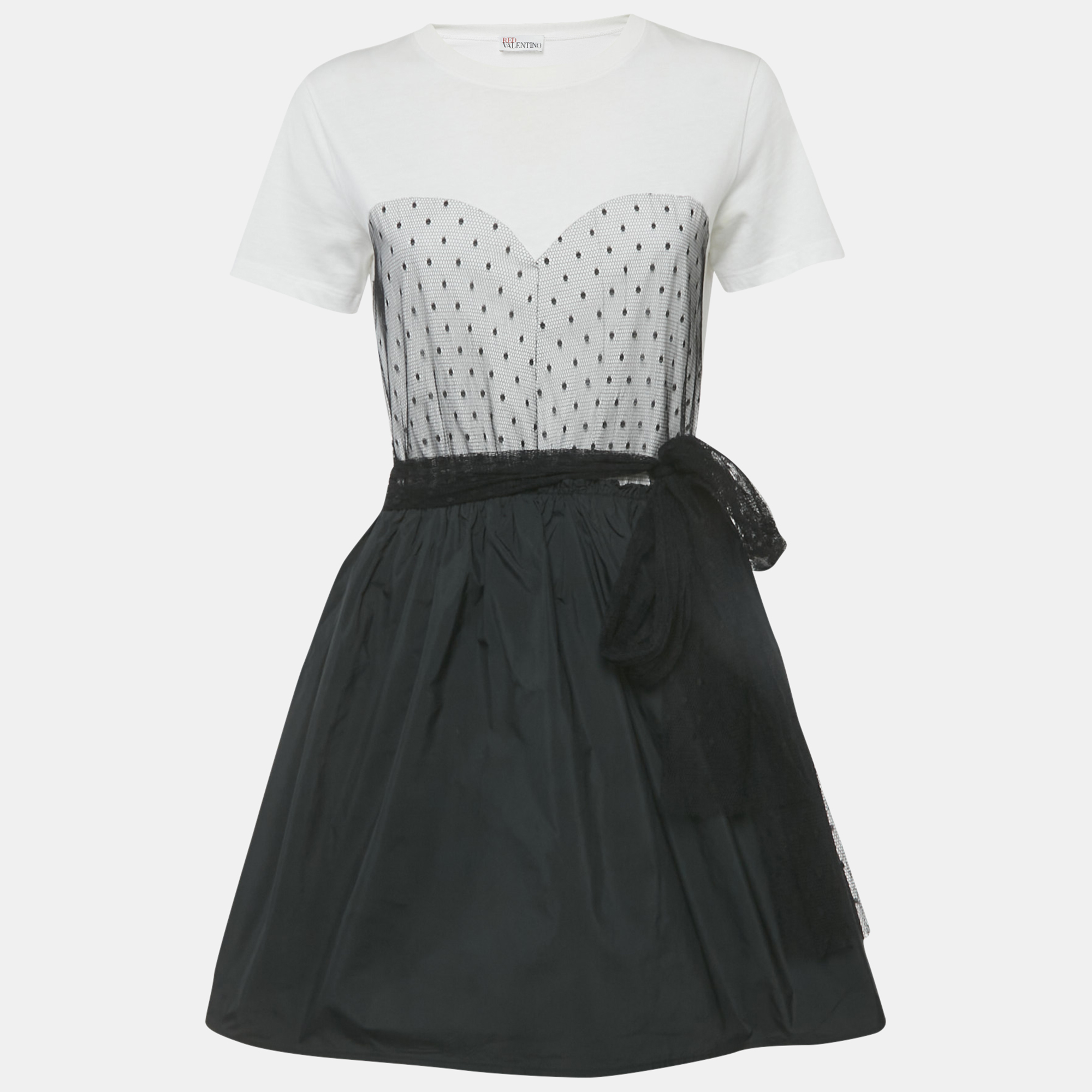 

RED Valentino White/Black Plumetis Trim Jersey and Crepe Mini Dress S
