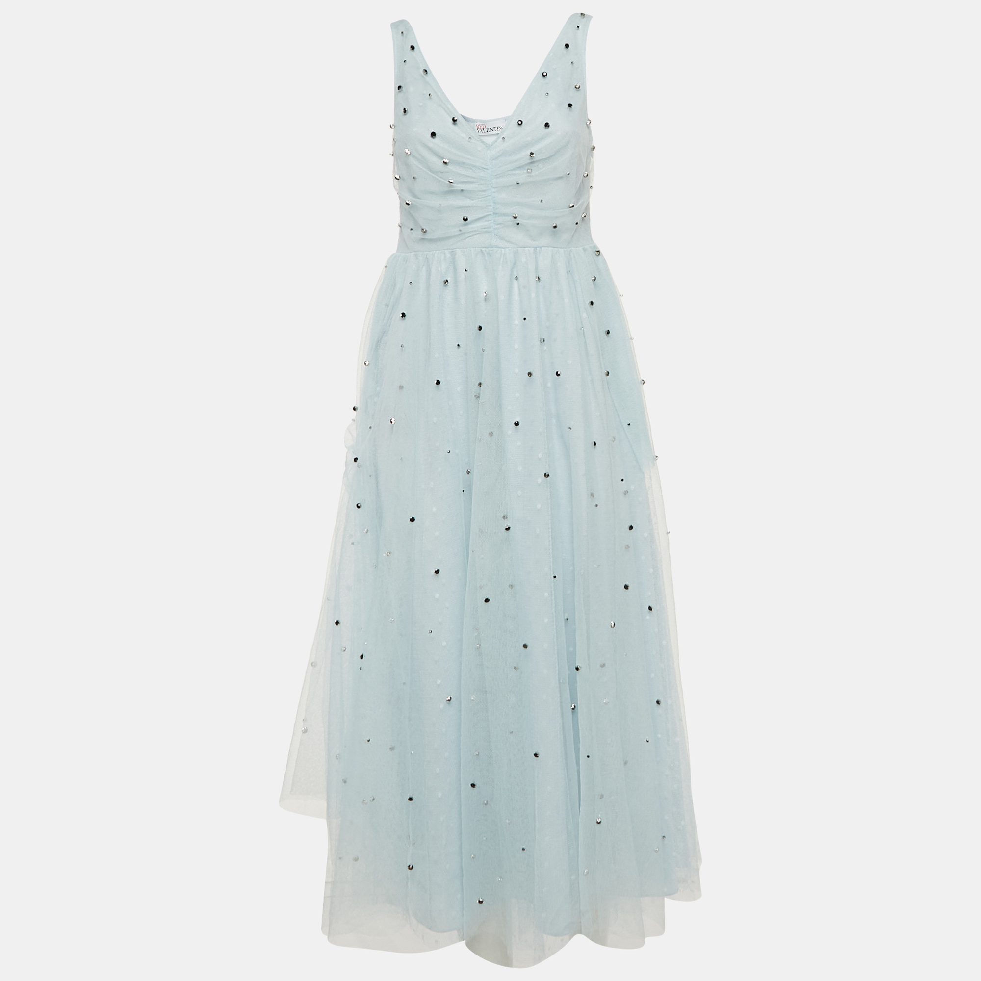 

RED Valentino Light Blue Tulle Embellished Flared Midi Dress M