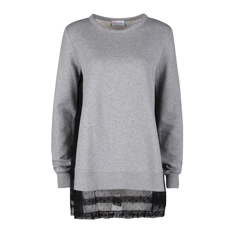 RED Valentino Grey Contrast Lace Tulle Insert Sweatshirt Tunic XS