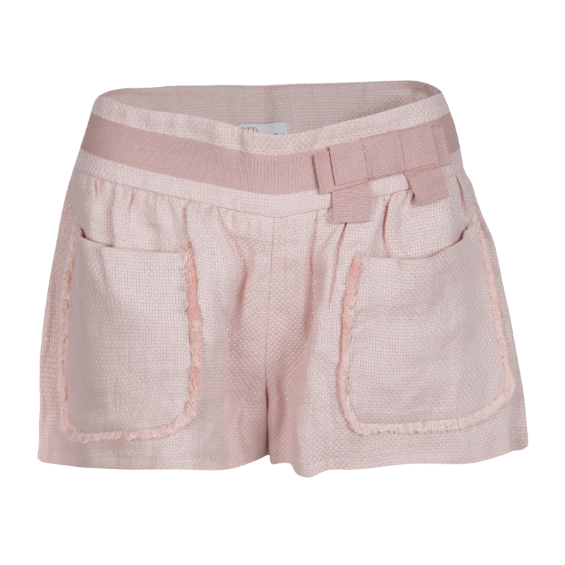 Pre Owned Red Valentino Pink Basket Weave Linen Frayed Pocket Trim Shorts S