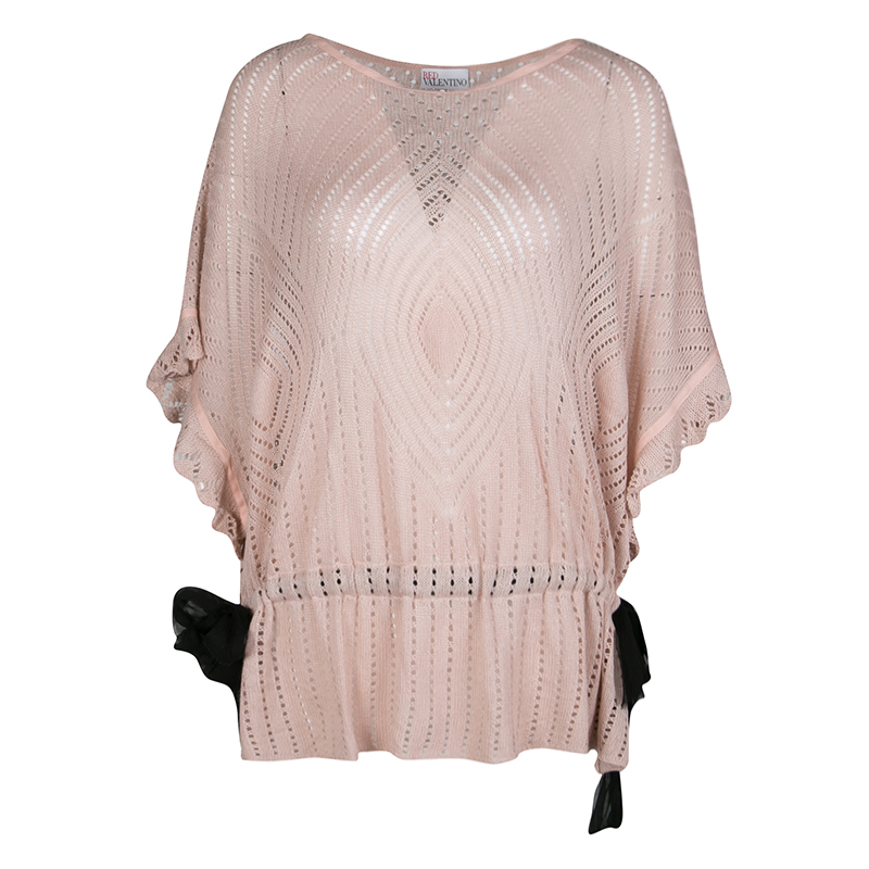 Pre Owned RED Valentino Pale Pink Perforated Knit Waist Tie Detail Top M
