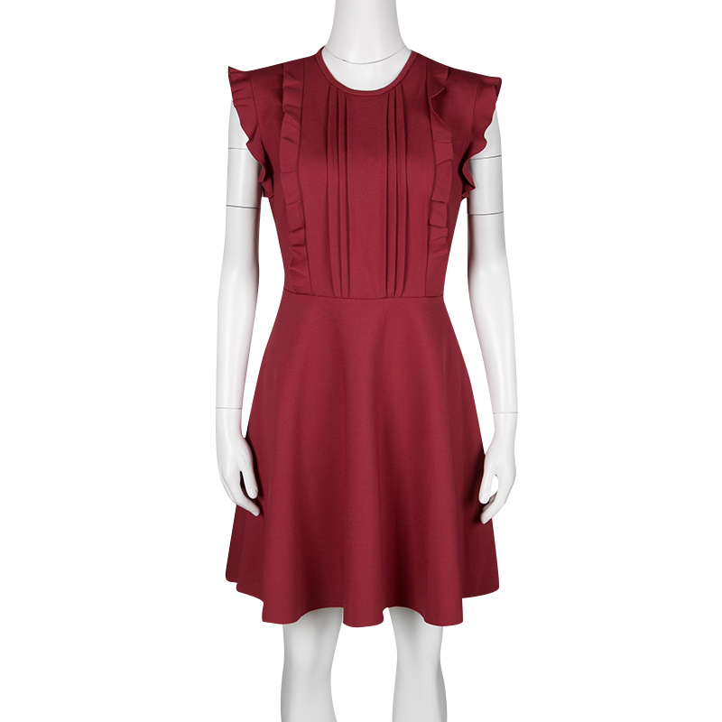 

RED Valentino Red Jersey Ruffled Pintuck Detail Fit and Flare Mini Dress