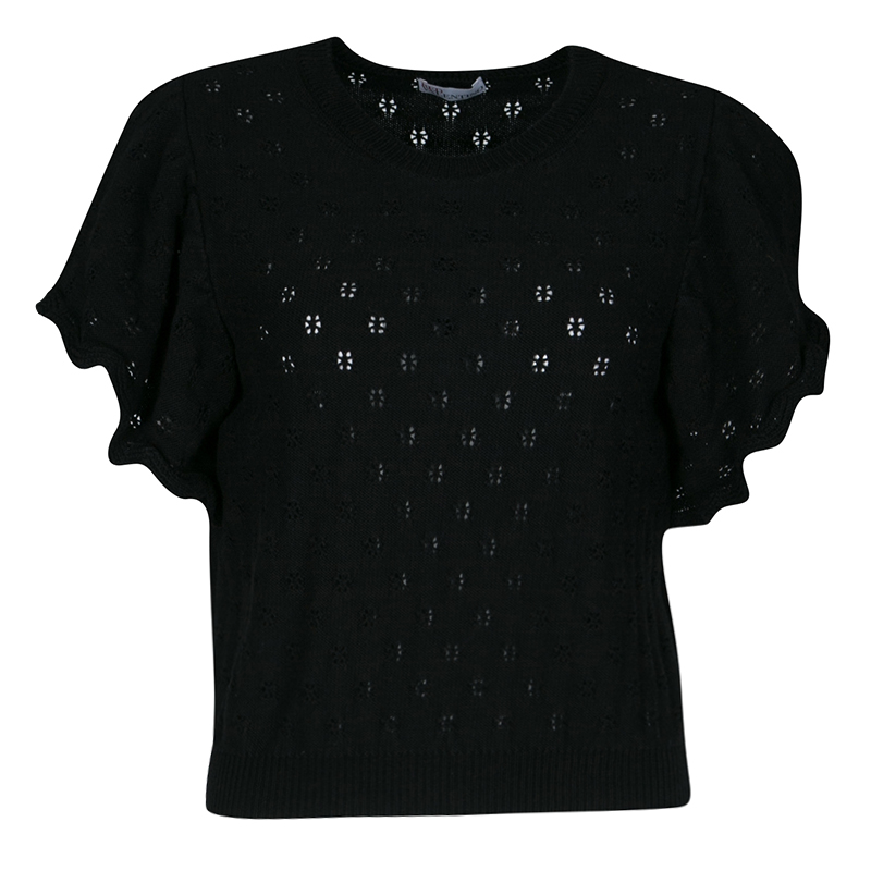 Red Valentino Black Perforated Knit Flutter Sleeve Crop Top M
