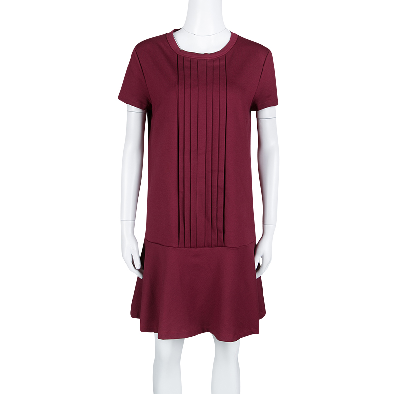 

Red Valentino Burgundy Pleat Detail Jersey Peplum Bottom Shift Dress
