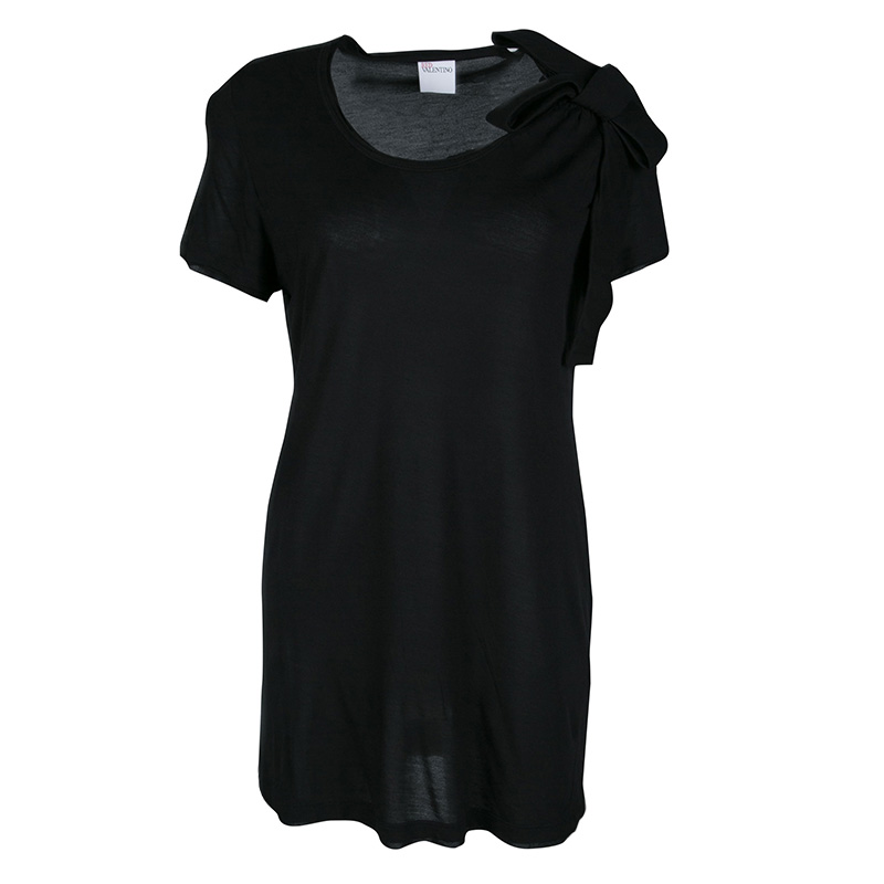 Pre Owned RED Valentino Black Jersey Bow Detail Short Sleeve Top XL
