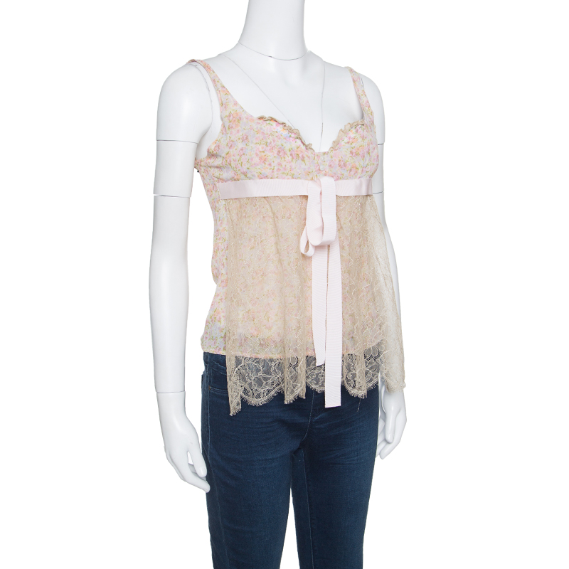 Pre-owned Red Valentino Floral Print Lace Overlay Camisole M In Multicolor
