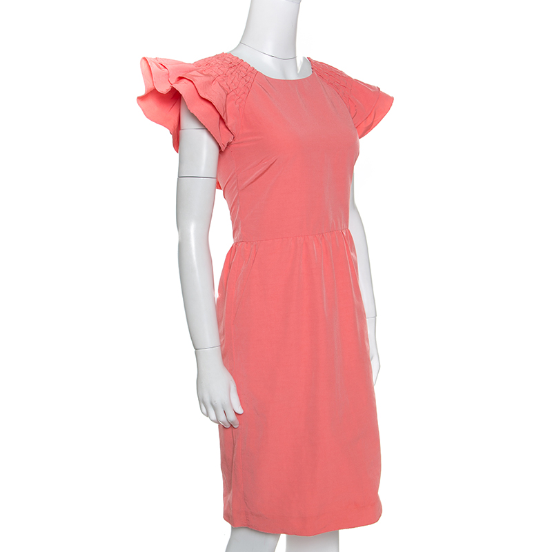 

Red Valentino Peach Cotton Blend Smocked Sleeve Detail Sheath Dress, Pink