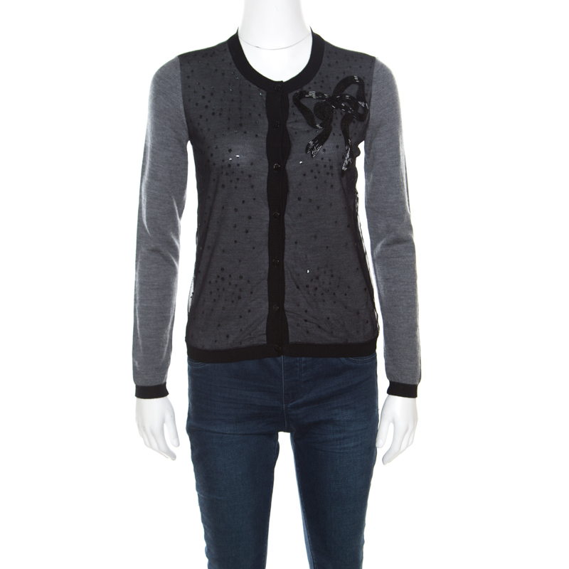 Red Valentino Grey Wool Embellished Mesh Overlay Bow Detail Cardigan S