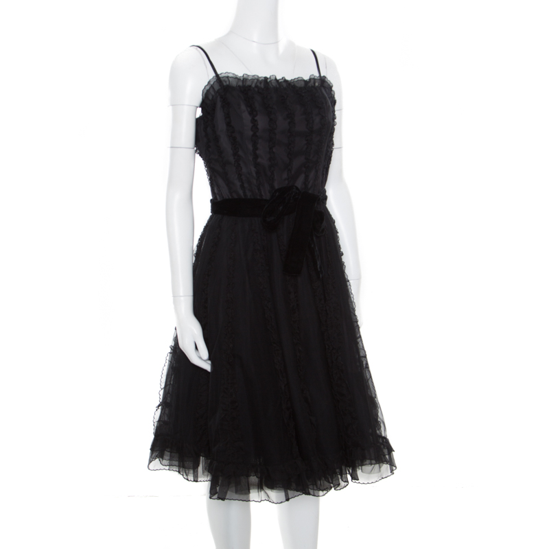 

RED Valentino Black Ruffle Detail Sleeveless Belted Tulle Dress