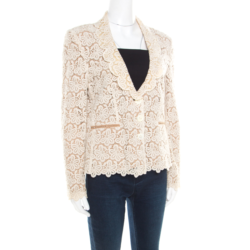 

RED Valentino Beige and Cream Cutout Floral Embroidered Blazer