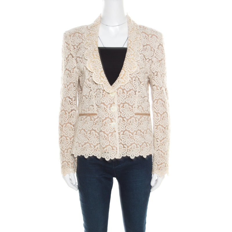 Pre Owned RED Valentino Beige and Cream Cutout Floral Embroidered Blazer L