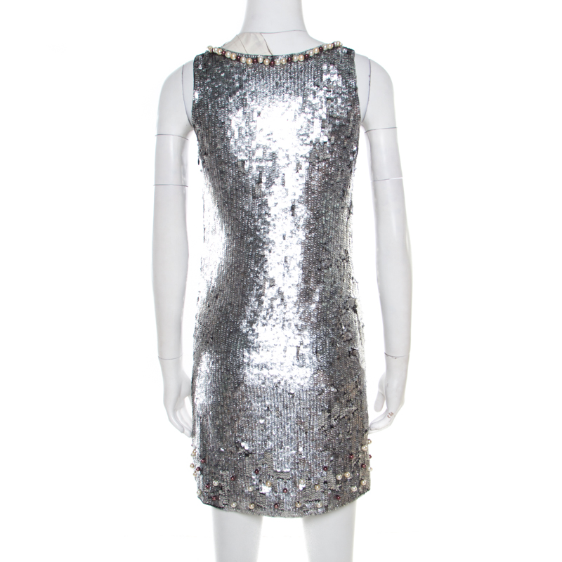 Pre-owned Red Valentino Silver Sequined Pearl Embellished Sleeveless Mini Shift Dress S