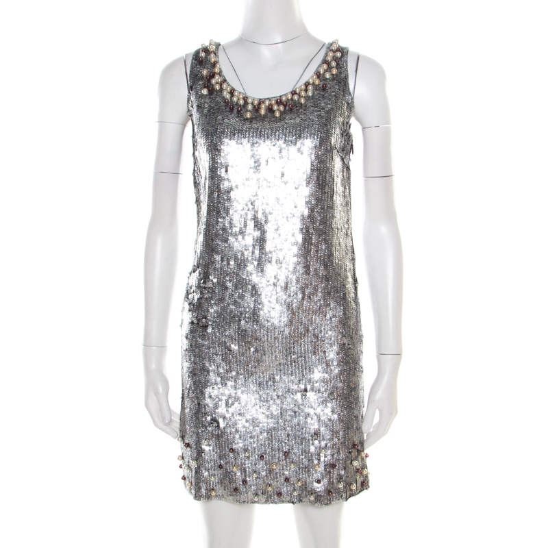 

Red Valentino Silver Sequined Pearl Embellished Sleeveless Mini Shift Dress